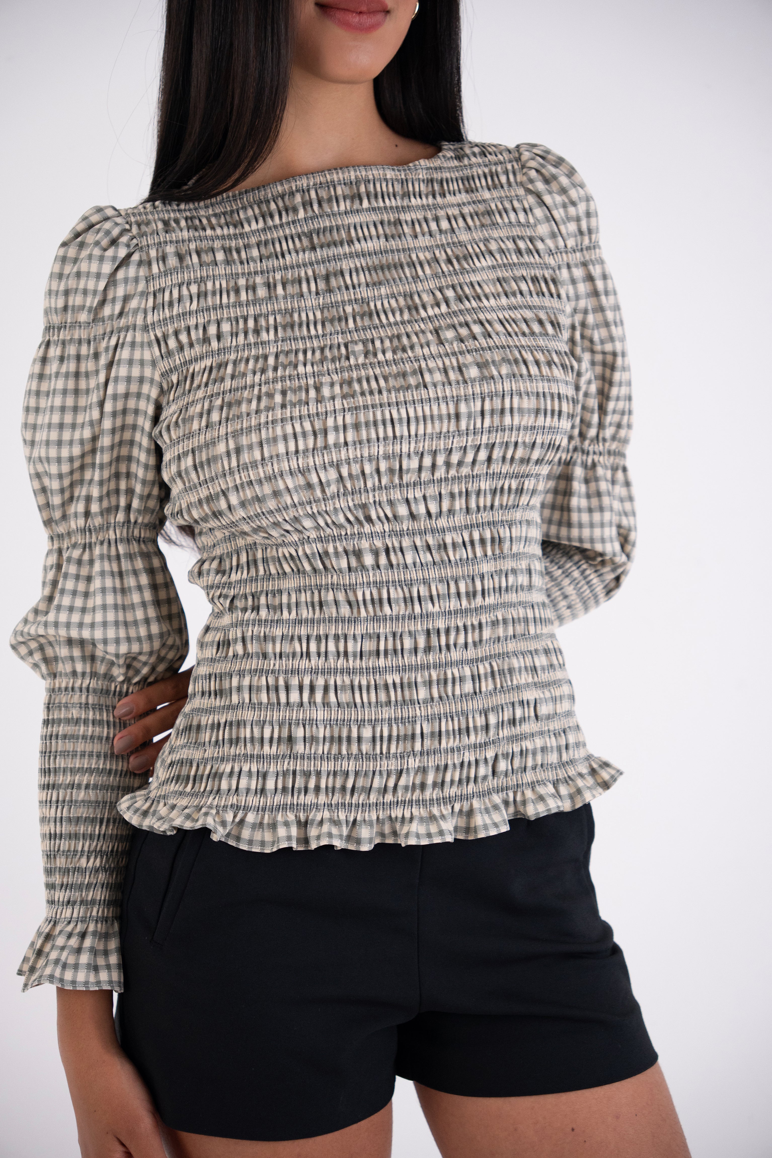 Iris Pure Cotton Mono Gingham Smocked Top