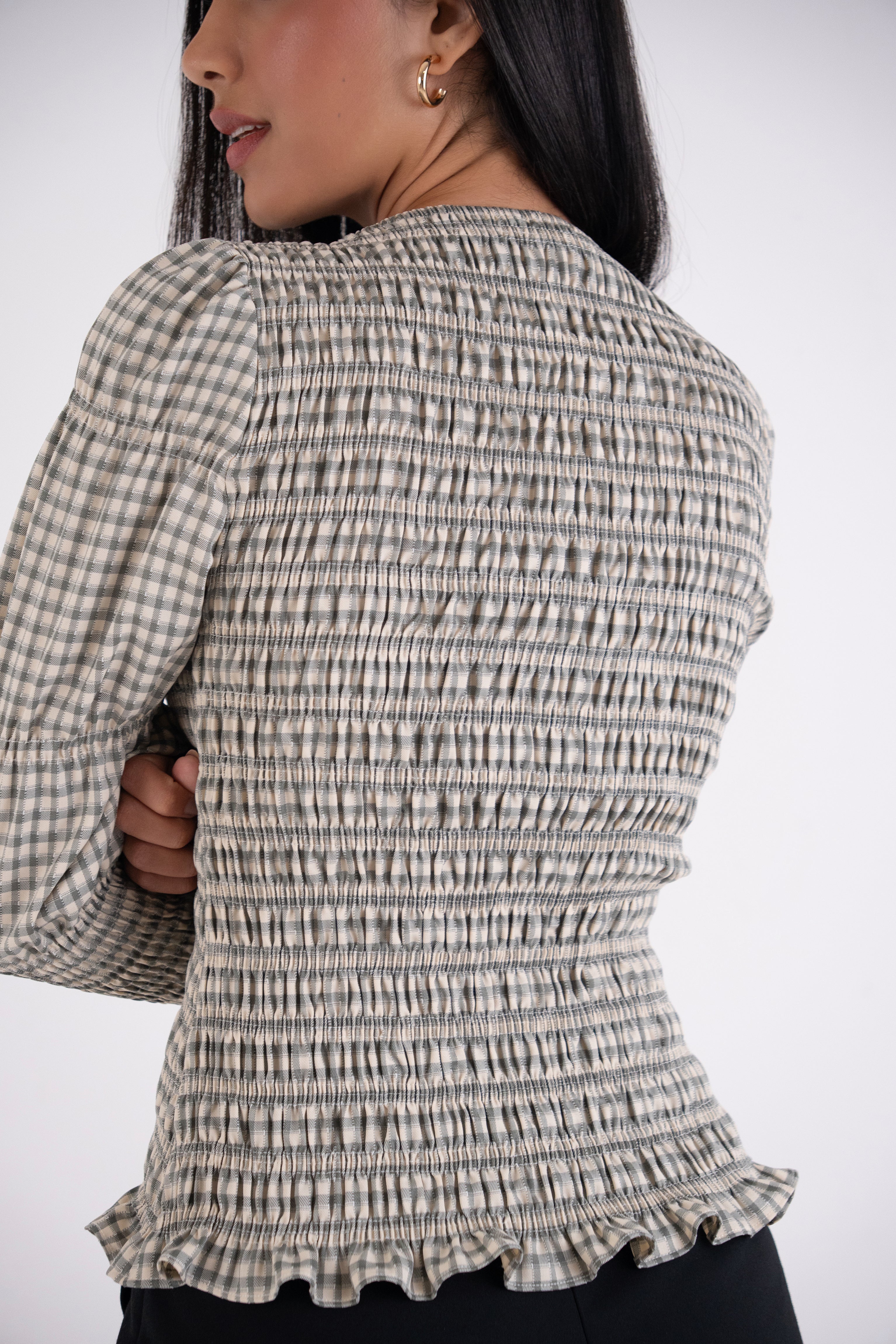 Iris Pure Cotton Mono Gingham Smocked Top