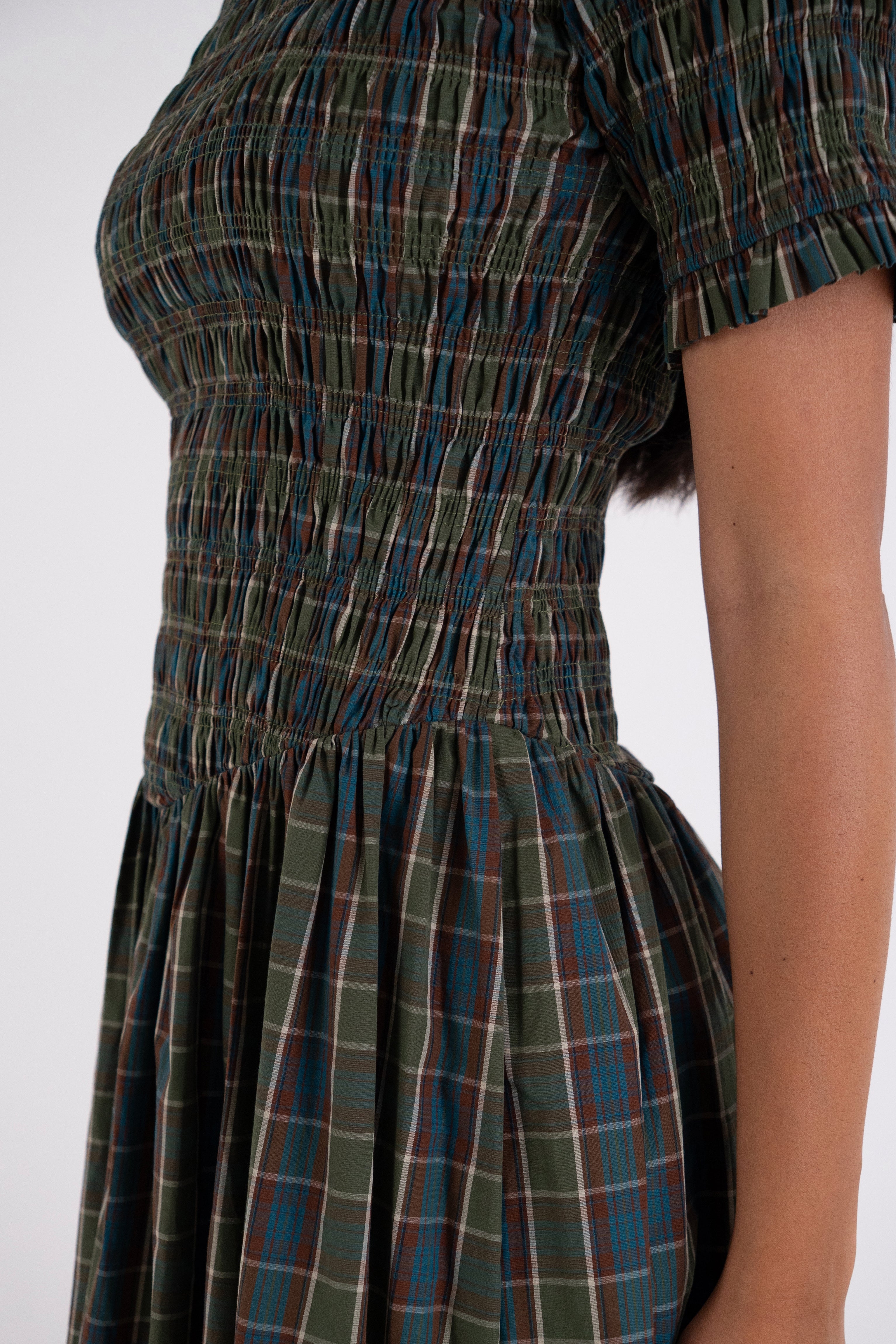 Beatrix Pure Cotton Smocked Green Plaid Midi Dress