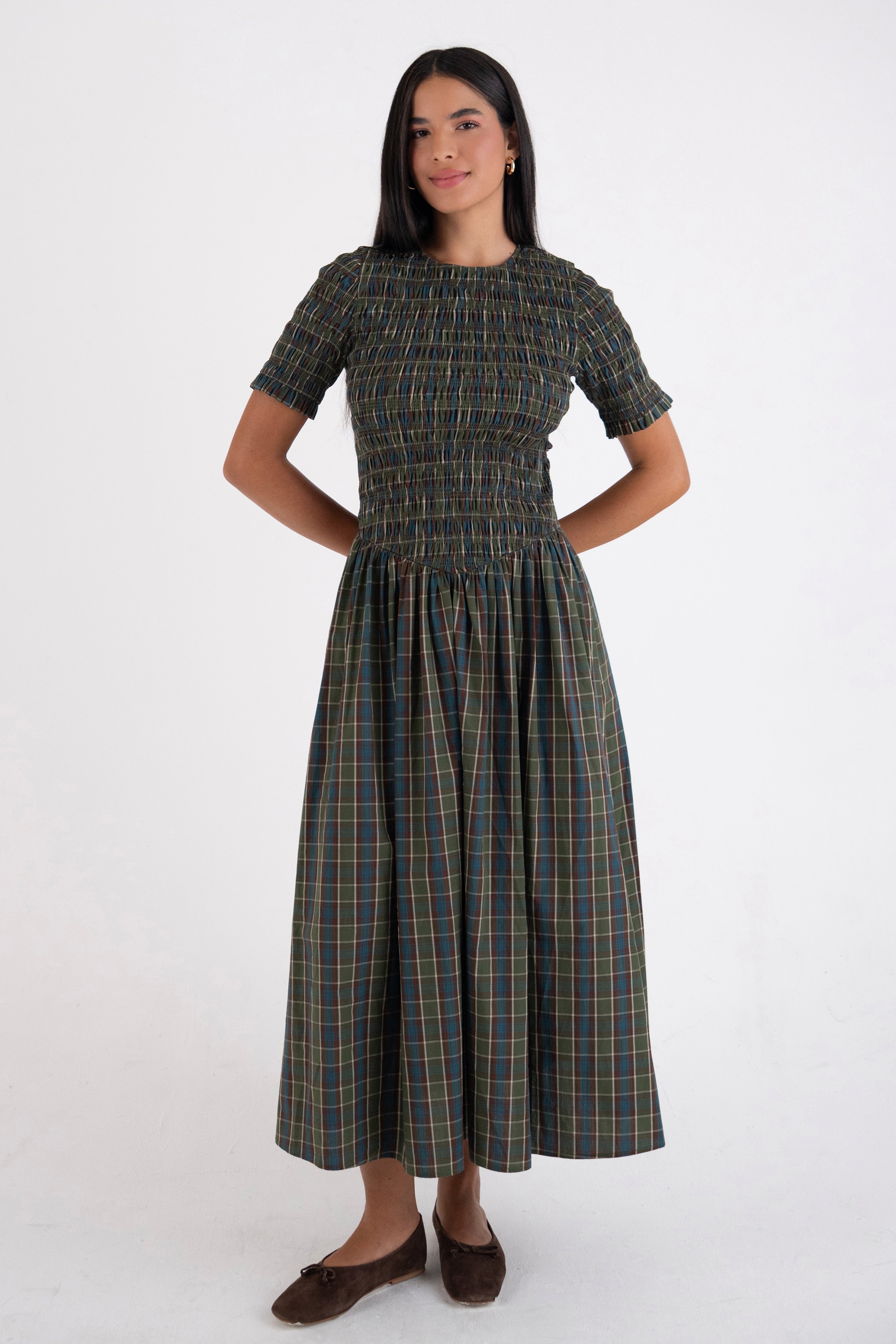 Beatrix Pure Cotton Smocked Green Plaid Midi Dress