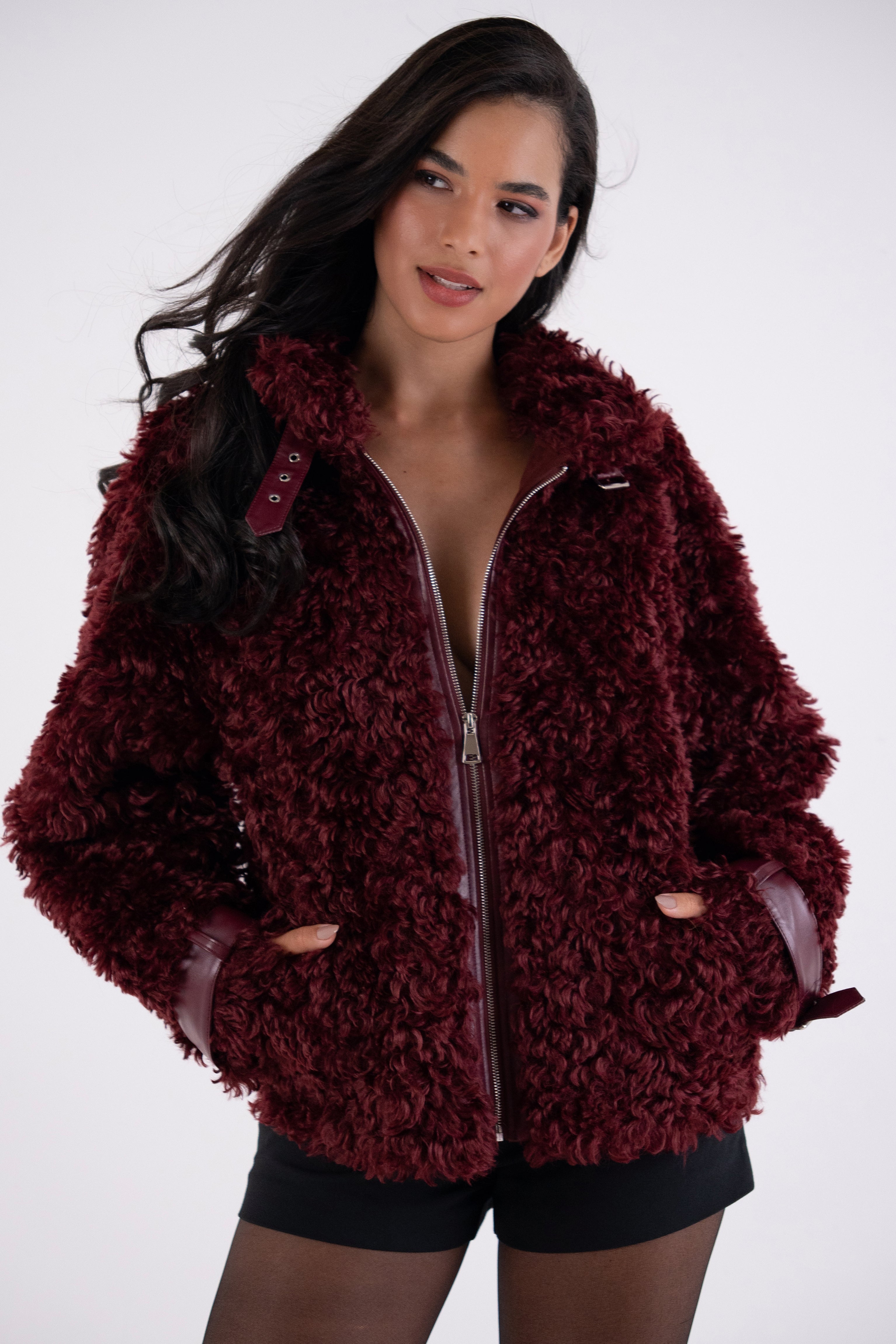 Celeste Burgundy Faux Fur Shearling Coat with Leather Trim