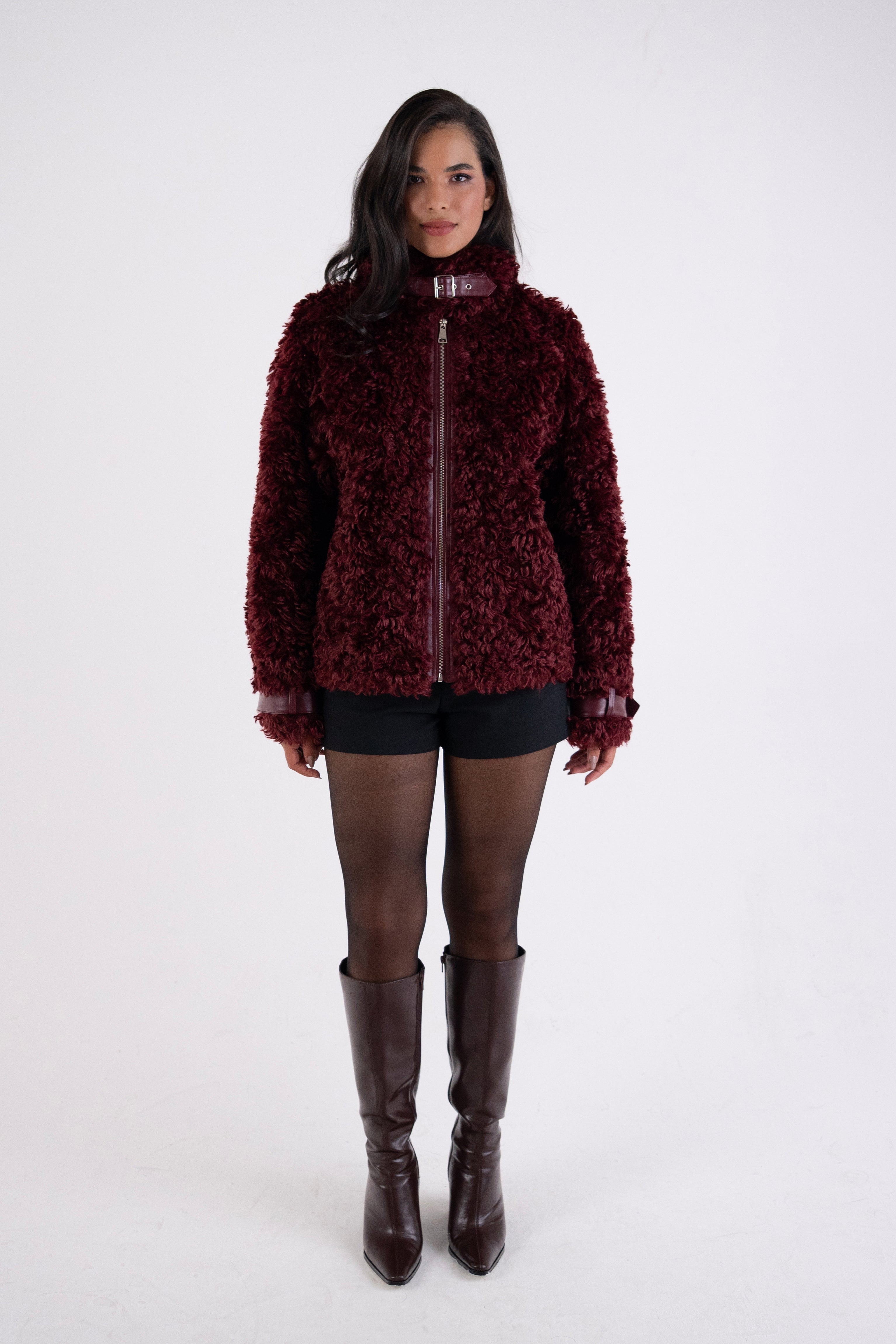 Celeste Burgundy Faux Fur Shearling Coat with Leather Trim