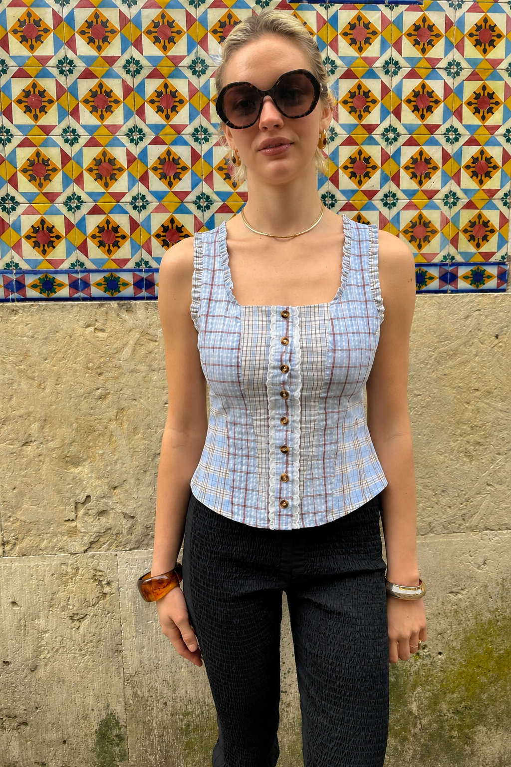 Brittany Multi Check Cotton Blend Frill Top