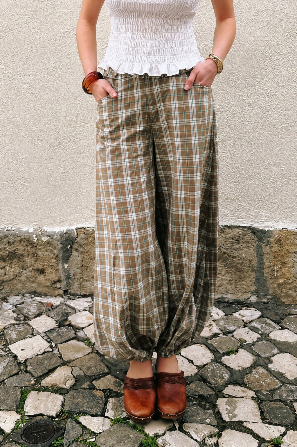 Esme Green Check Cotton Balloon Trousers