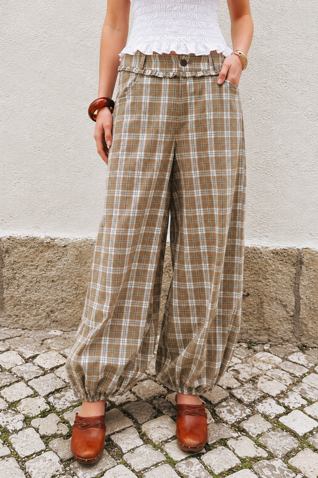 Esme Green Check Cotton Balloon Trousers