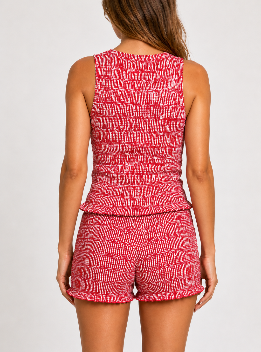 Danica Red Cotton Gingham Shirred Shorts