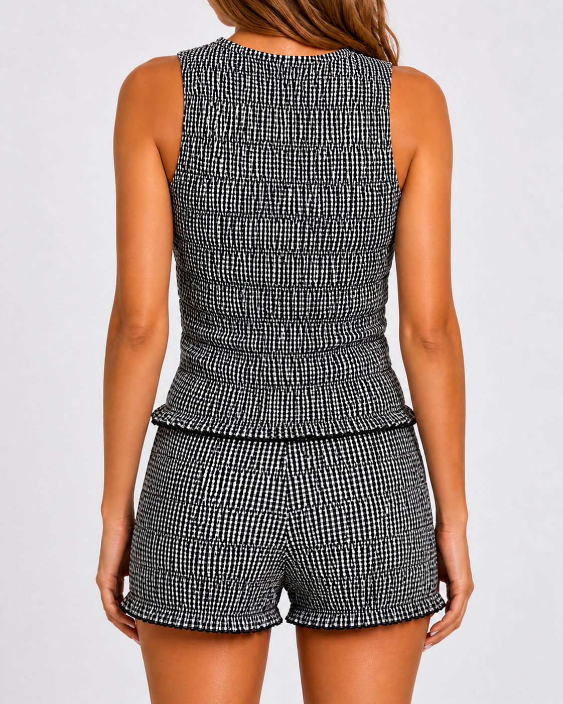 Danica Black Cotton Gingham Shirred Shorts