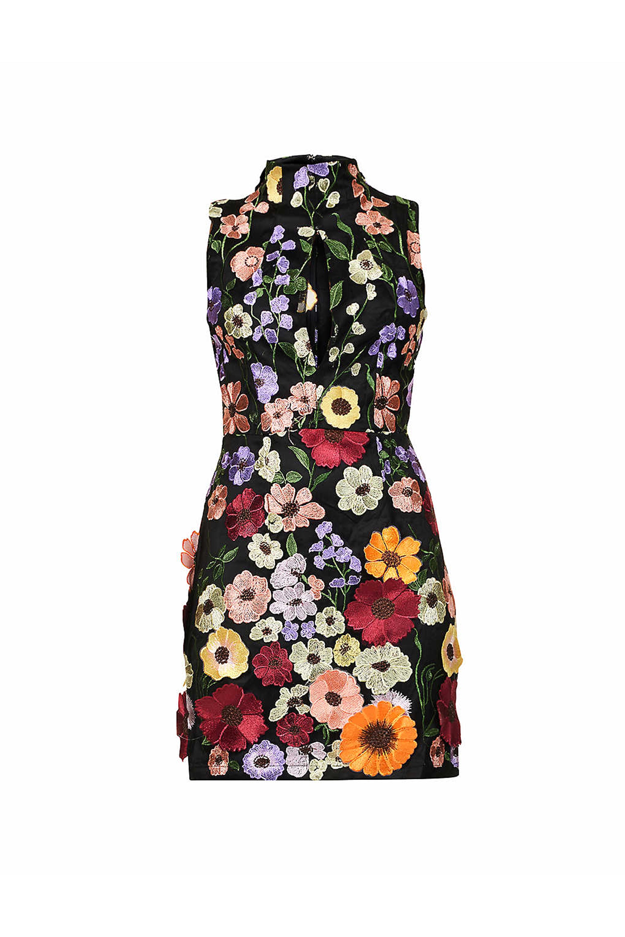 Cleo Black High Neck Sleeveless Floral Motif Mini Dress | AmyLynn