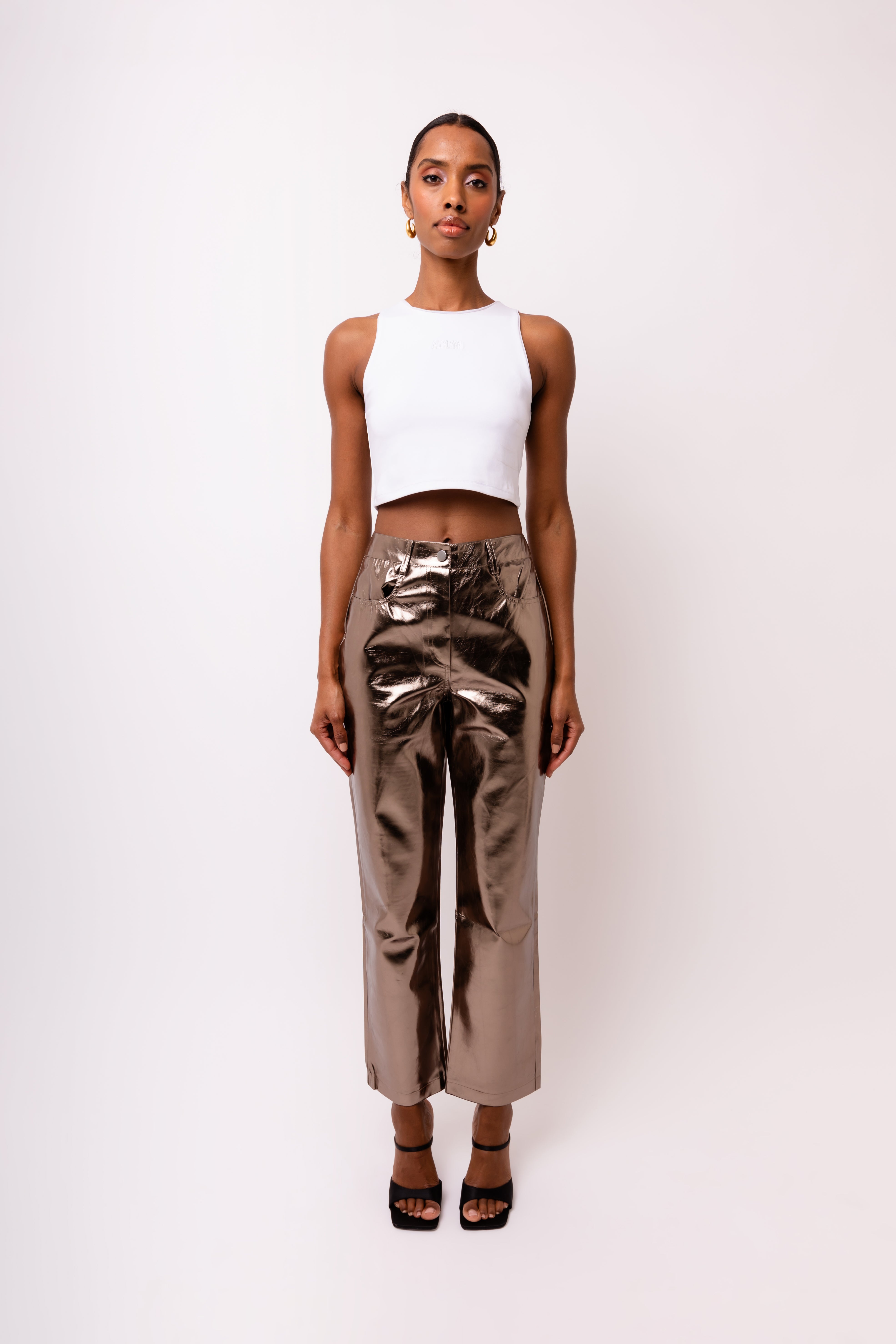 Lupe Charcoal Metallic Straight Leg High Rise Faux Leather Trousers | AmyLynn 