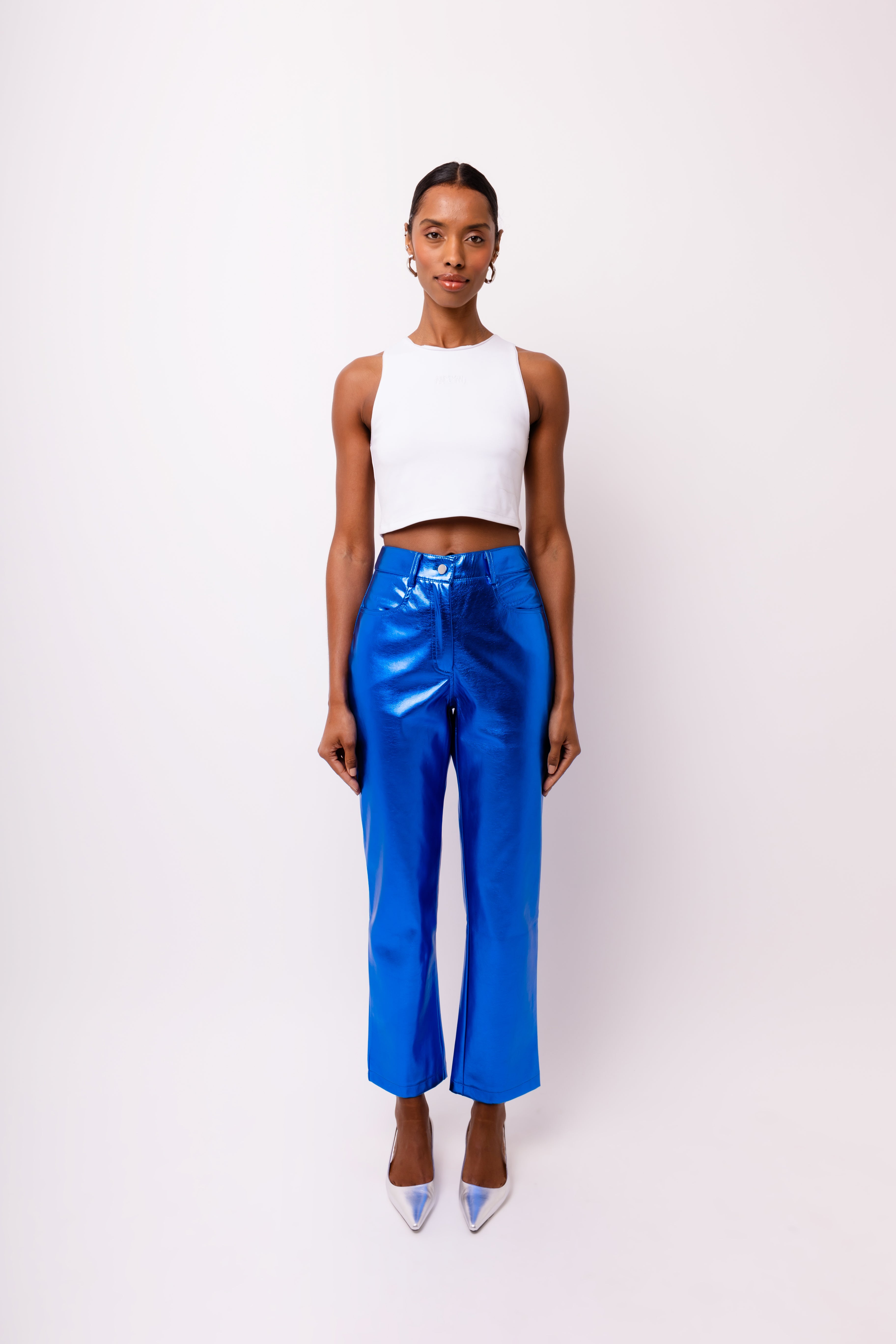 Lupe Cobalt Blue Metallic Straight Leg High Rise Vegan Leather Trousers | AmyLynn 