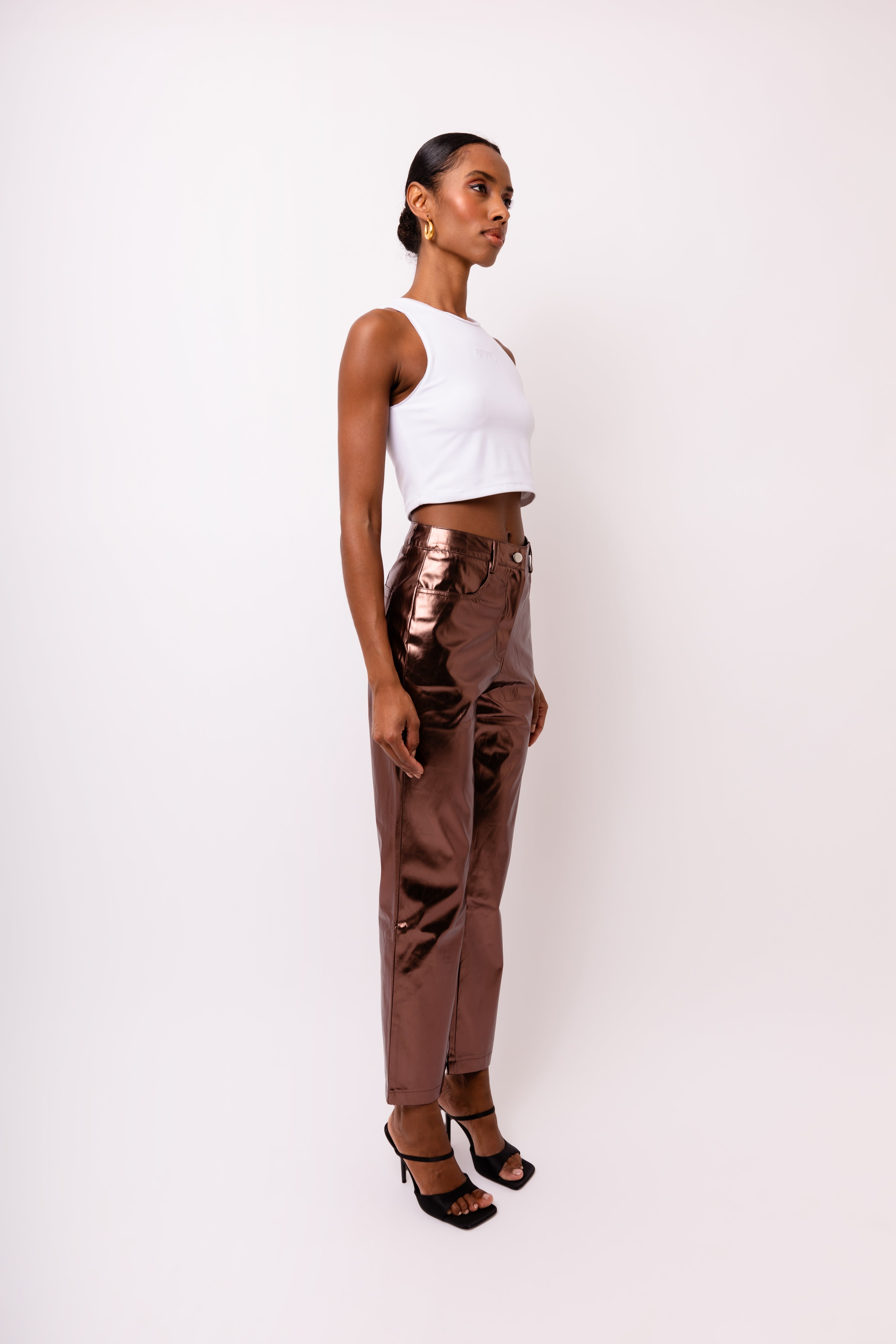 Lupe Mocha Brown Metallic Straight Leg High Rise Vegan Leather Trousers | AmyLynn 