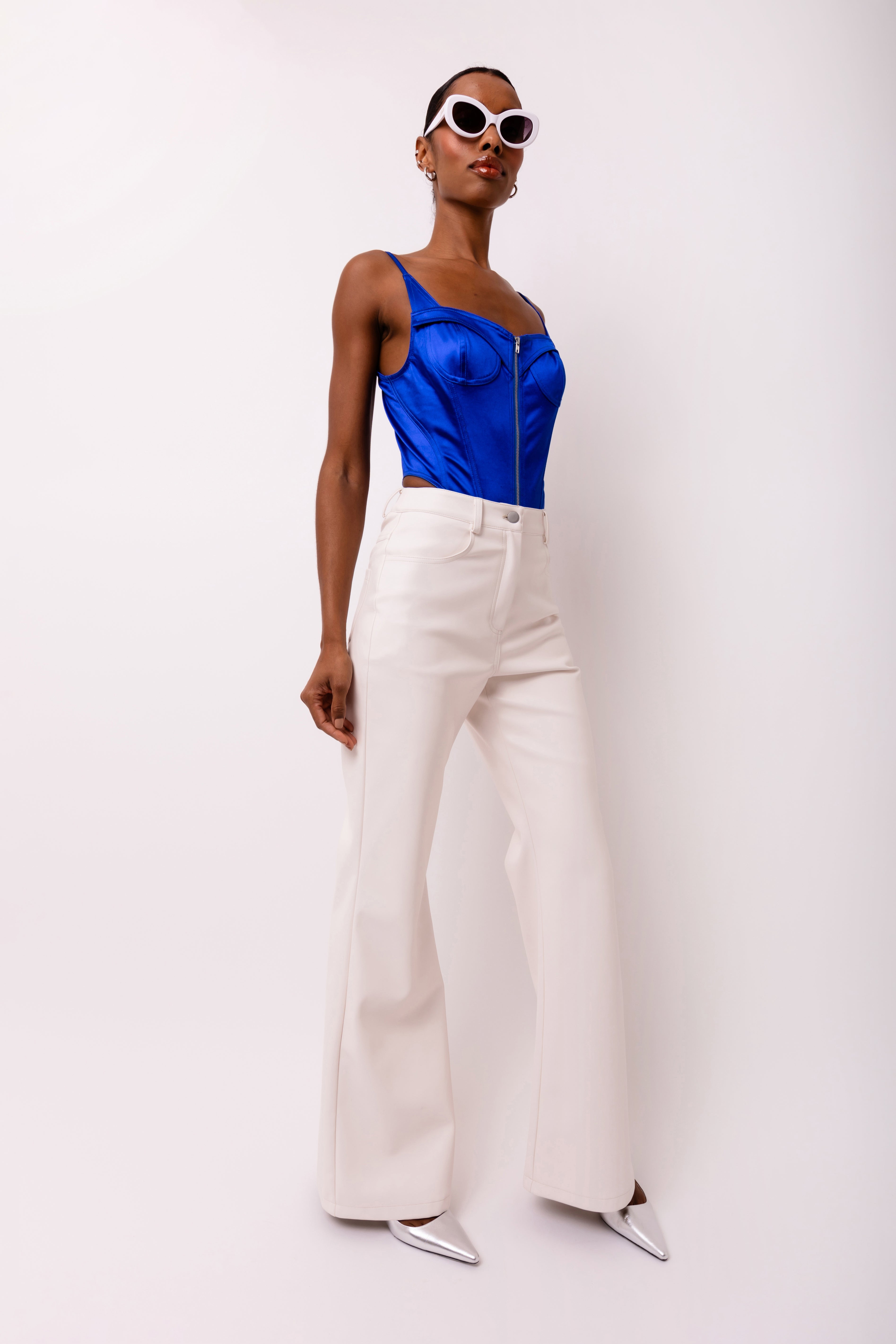 Lupe White Wide Leg Leather Trousers in Matte Finish | AMYLYNN