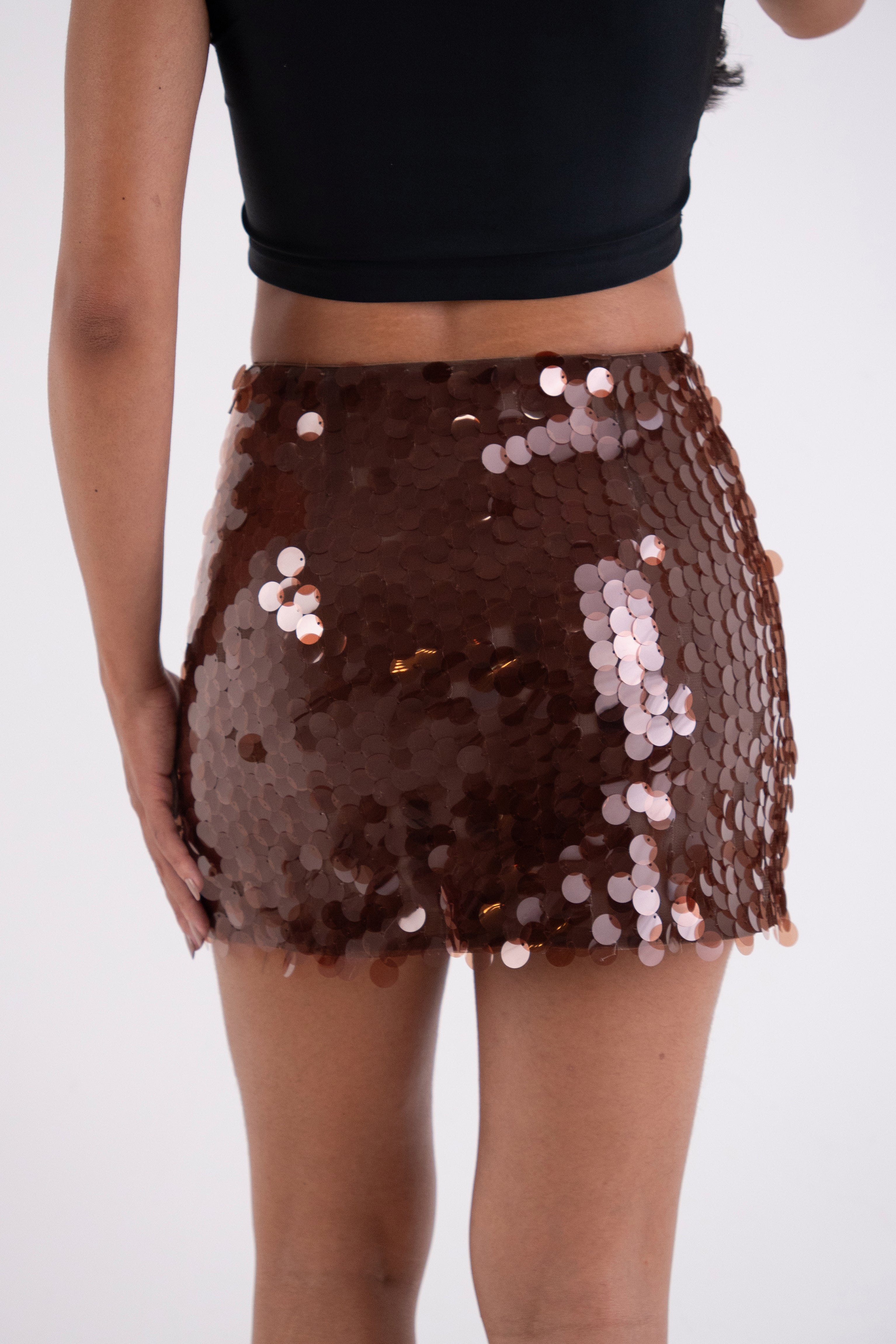 Gloria Brown Disc Sequin Mini Skirt