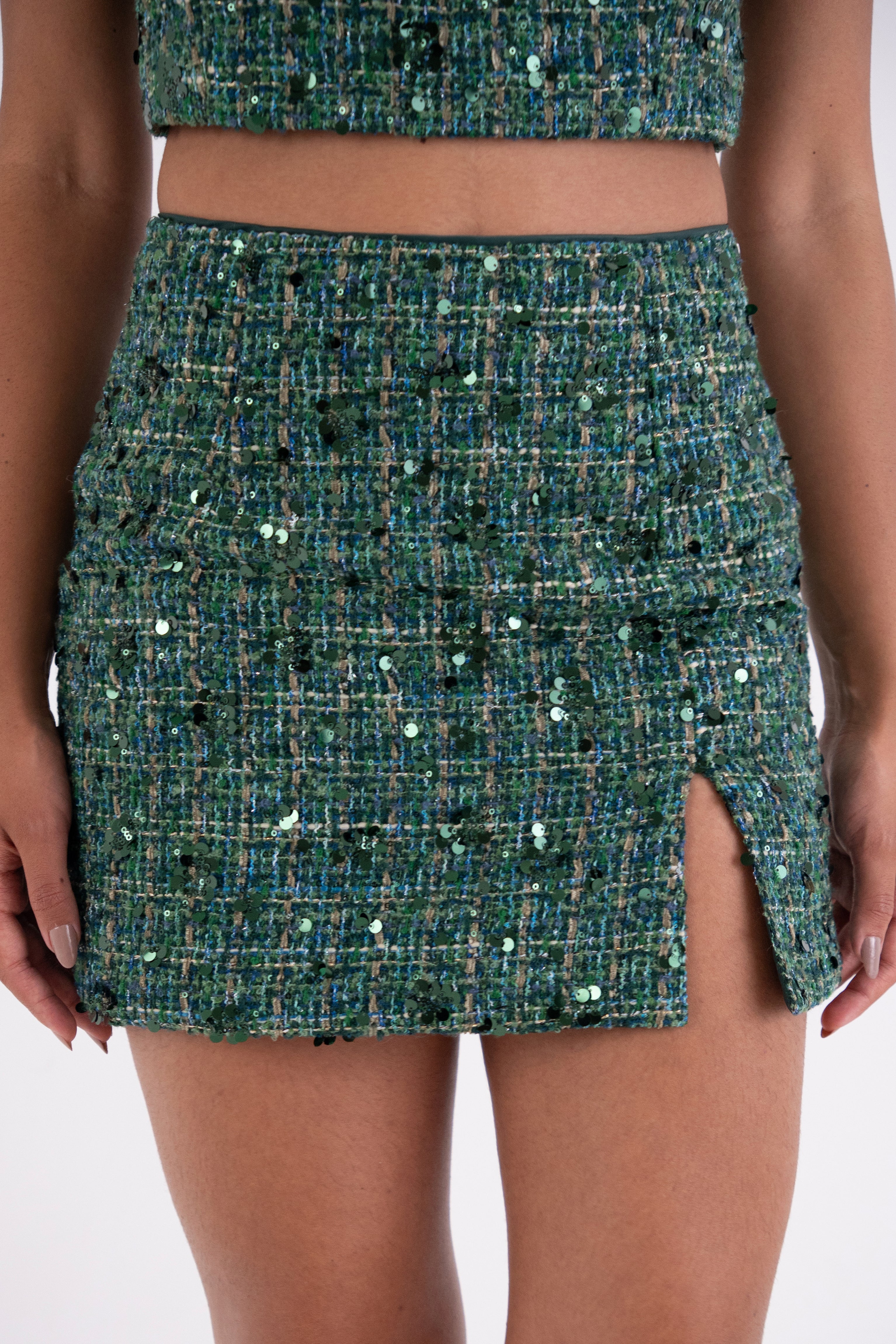 Tina Teal Sequin Boucle Mini Skirt