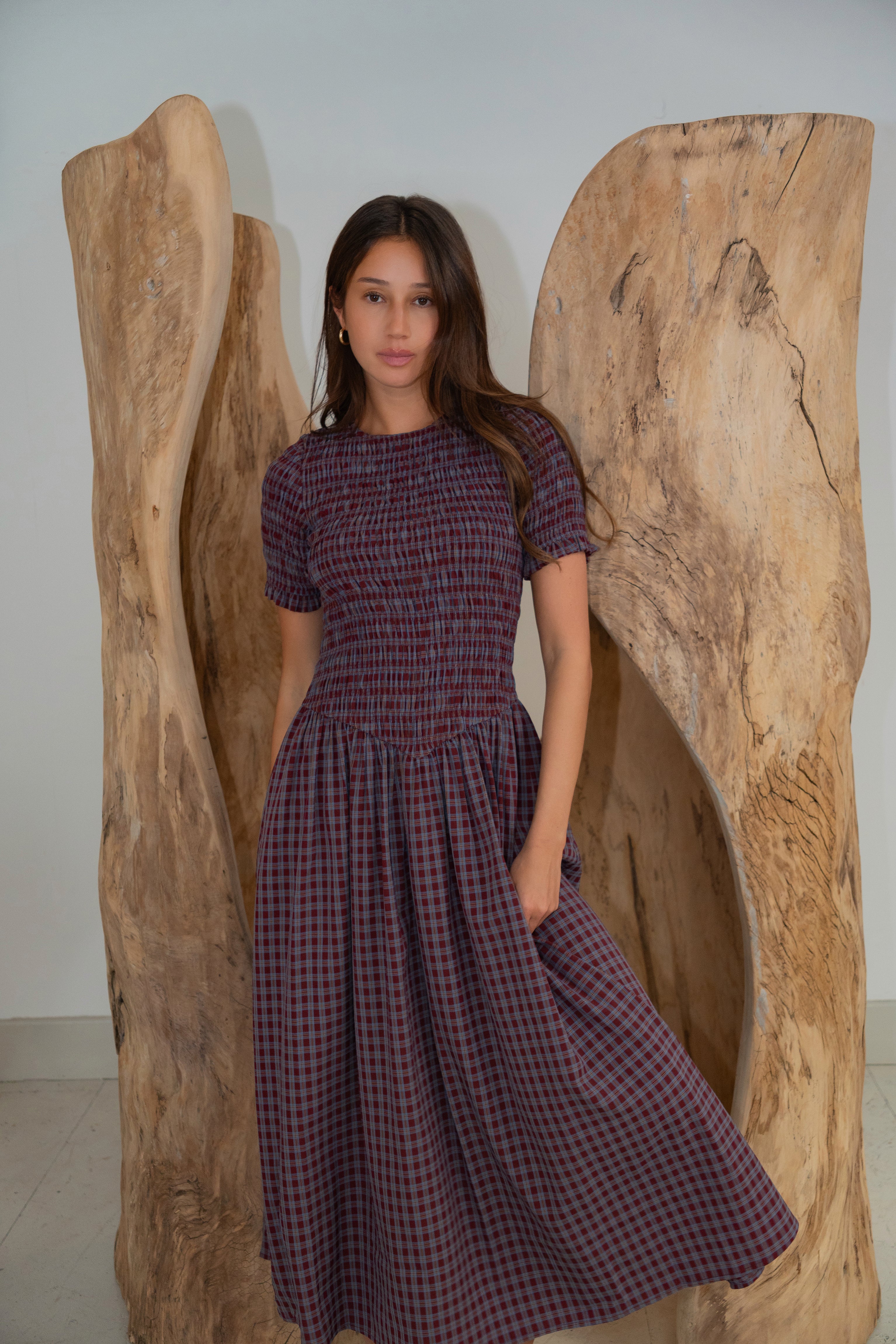 Beatrix Smocked Grape Plaid Midi Dress