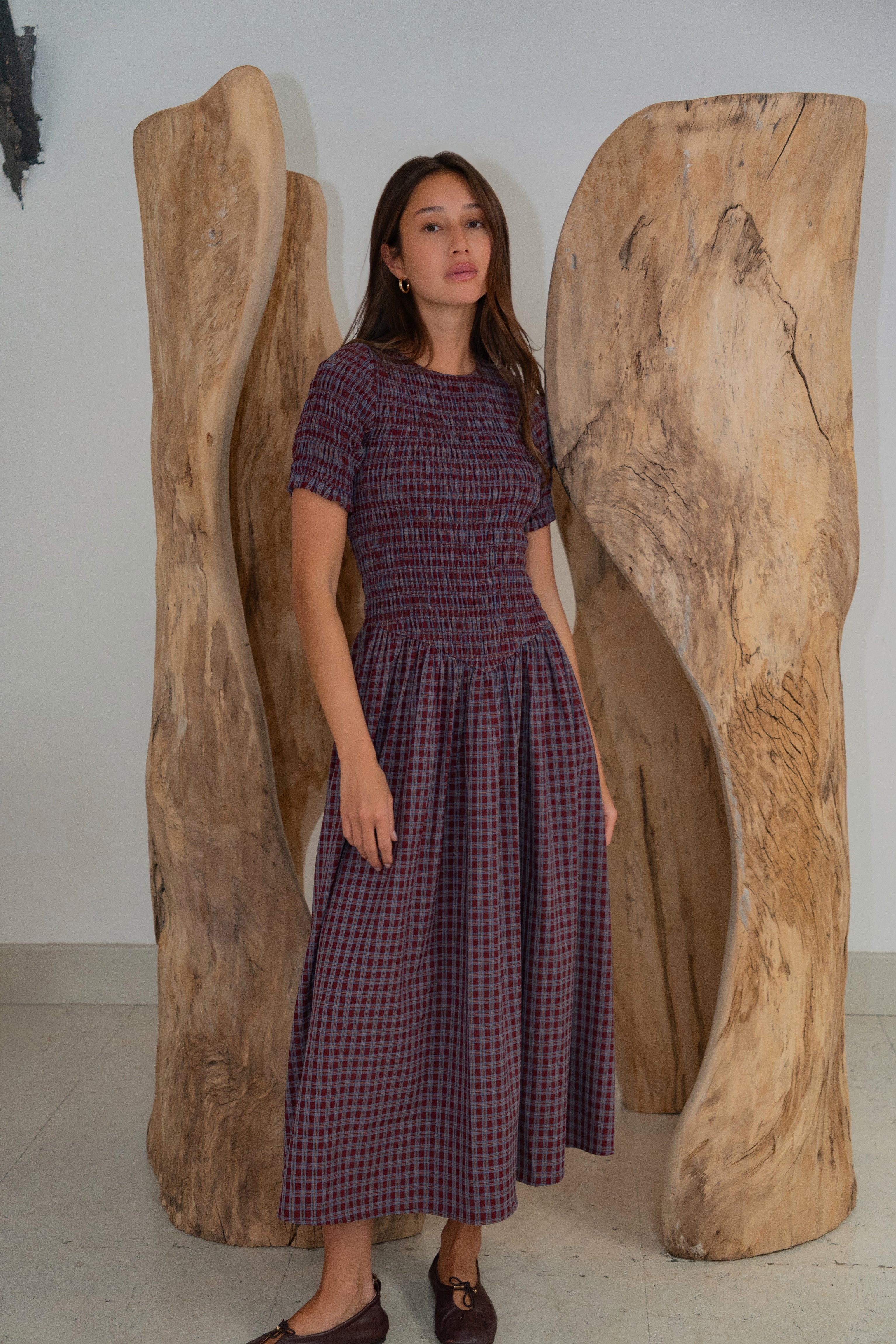 Beatrix Smocked Grape Plaid Midi Dress