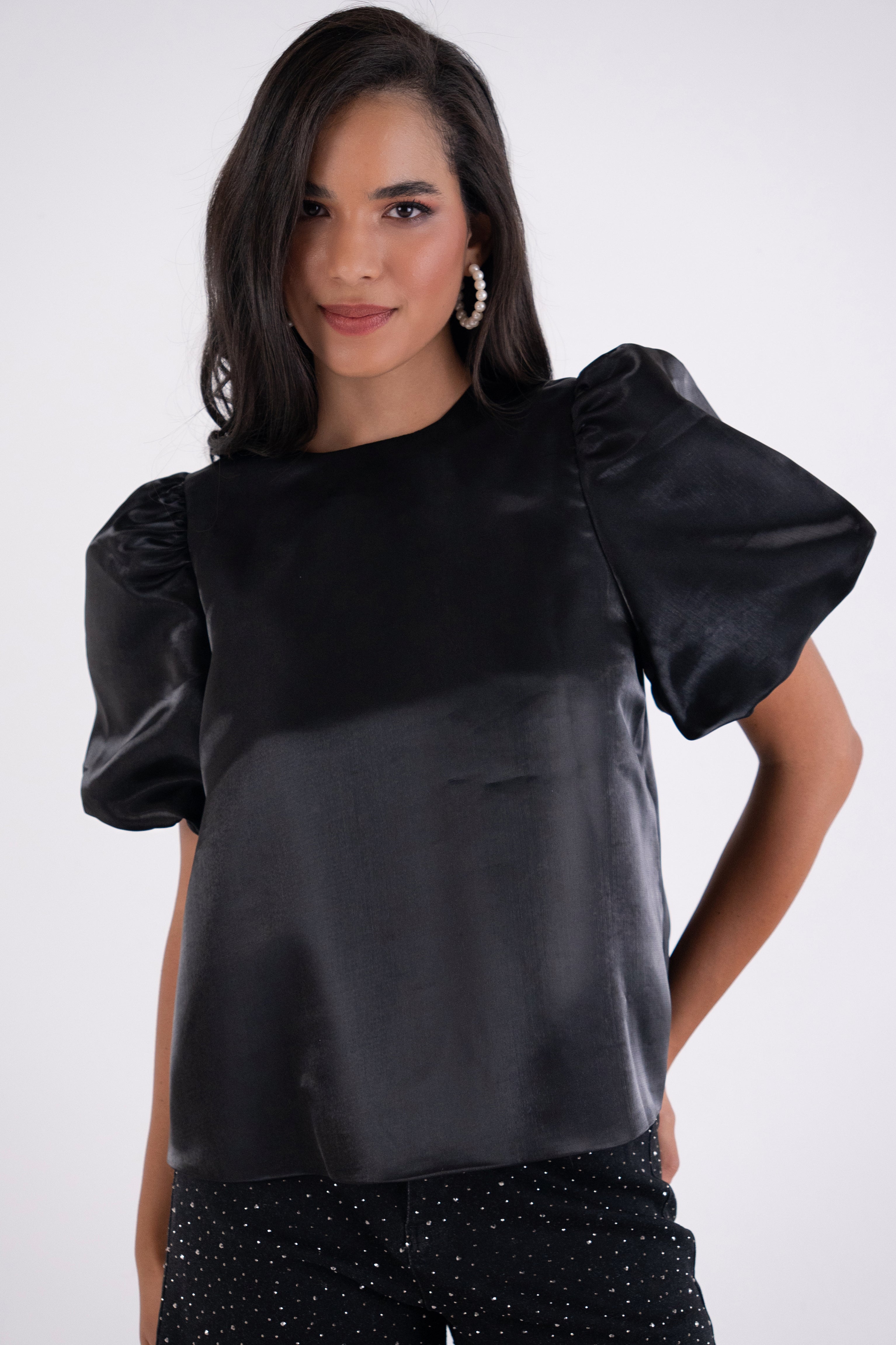 Aurelia Puffball Black High Shine Satin Tie Top