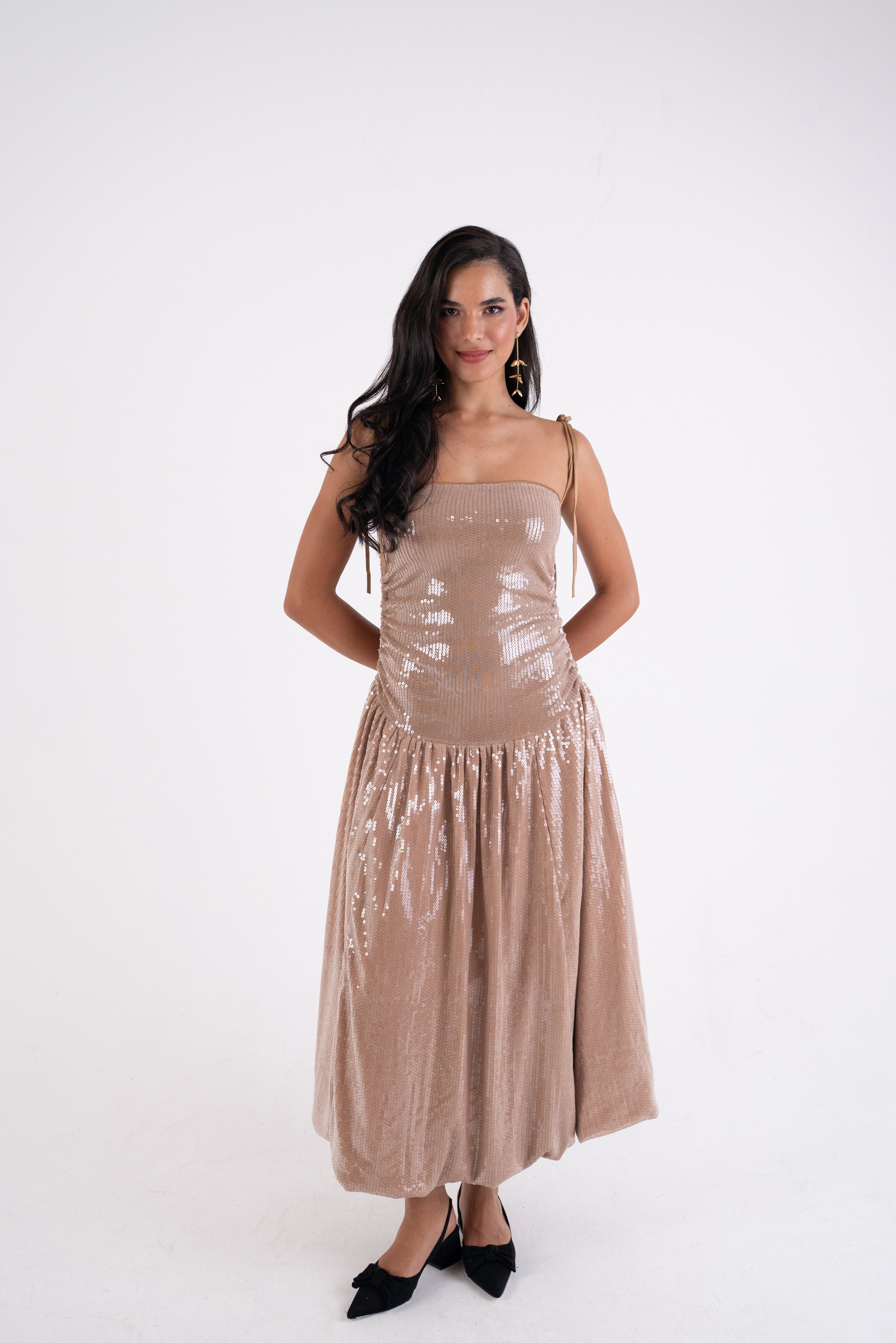 Alexa Champagne Sequin Puffball Dress