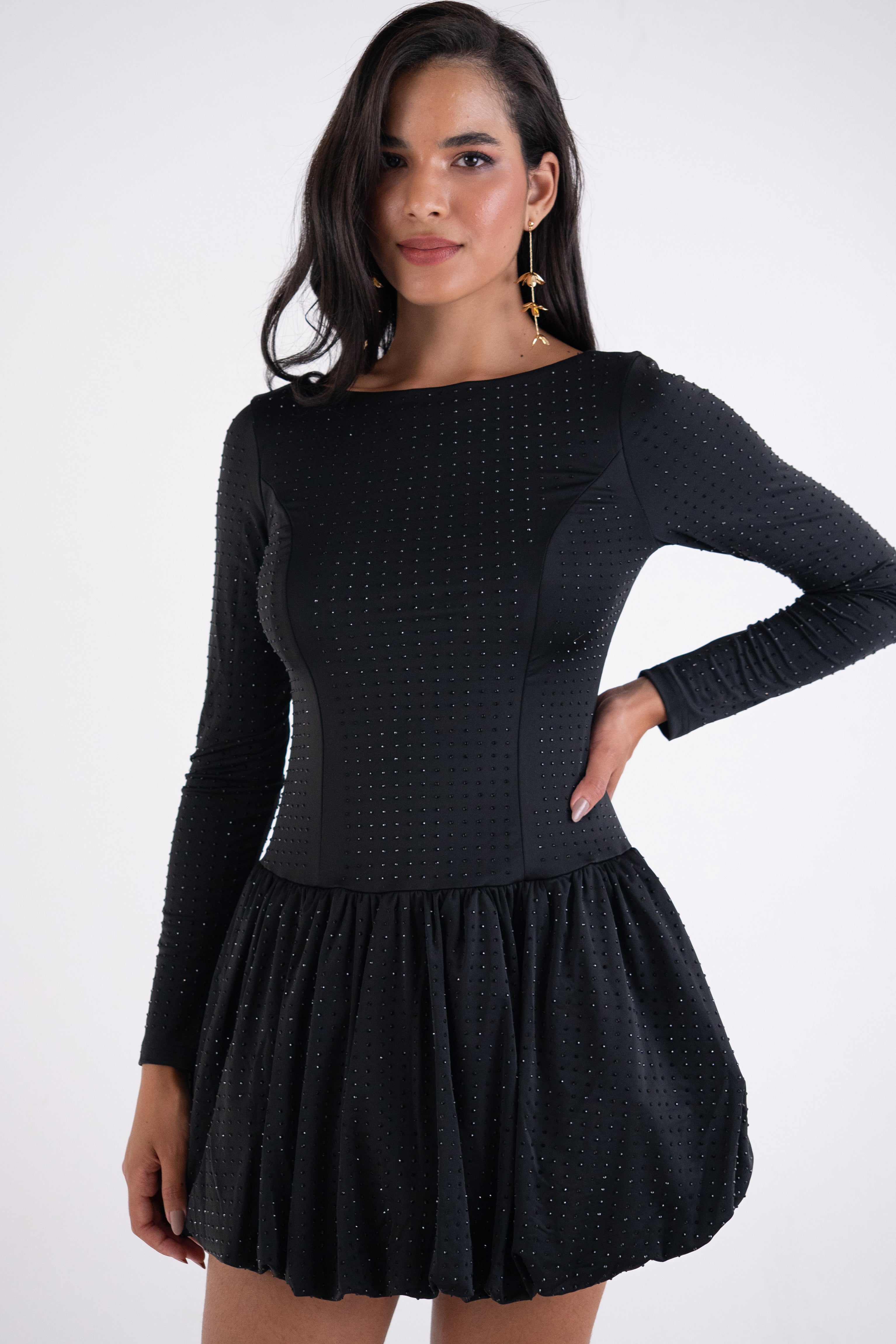 Deva Black Embellished Puffball Mini Dress