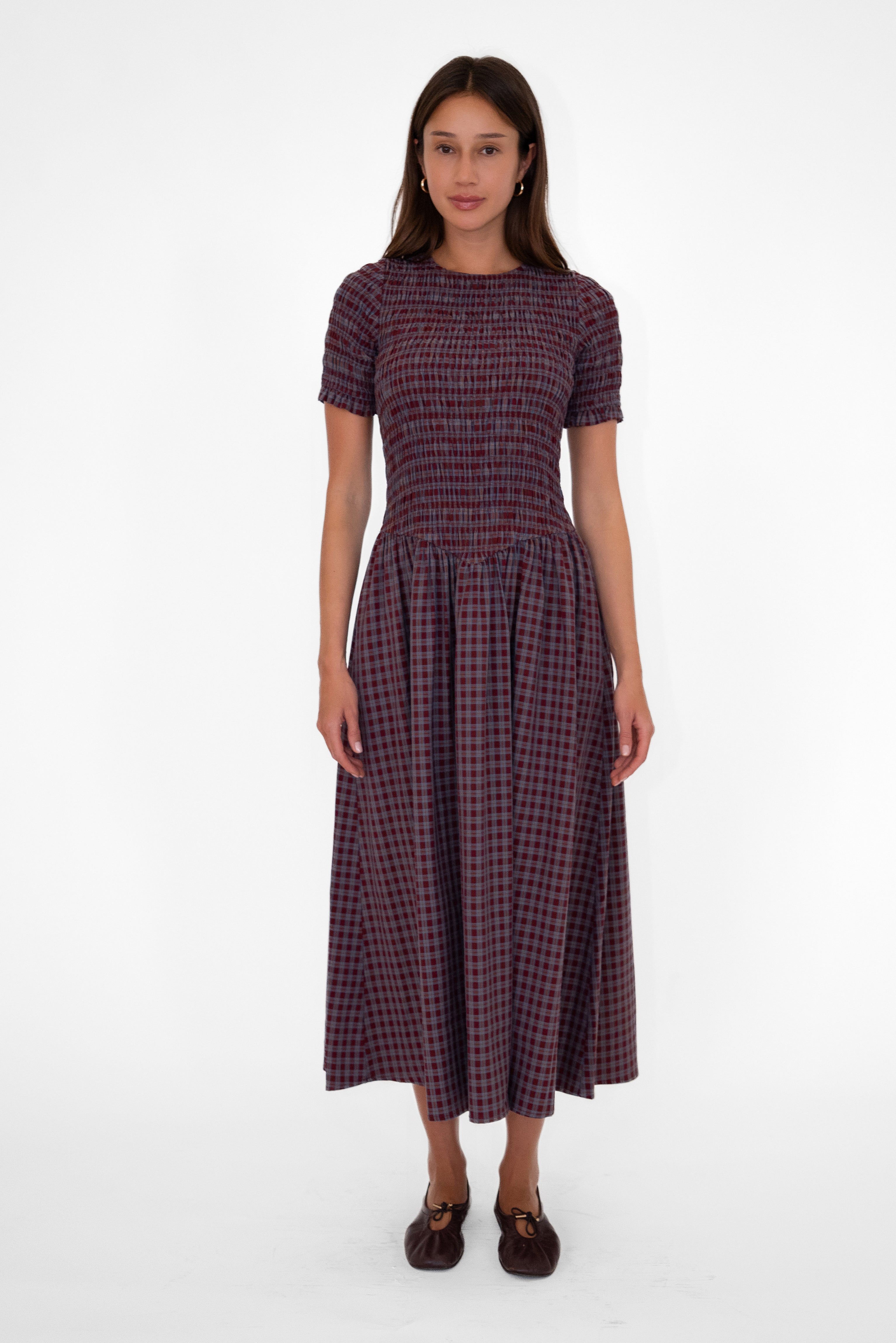 Beatrix Smocked Grape Plaid Midi Dress