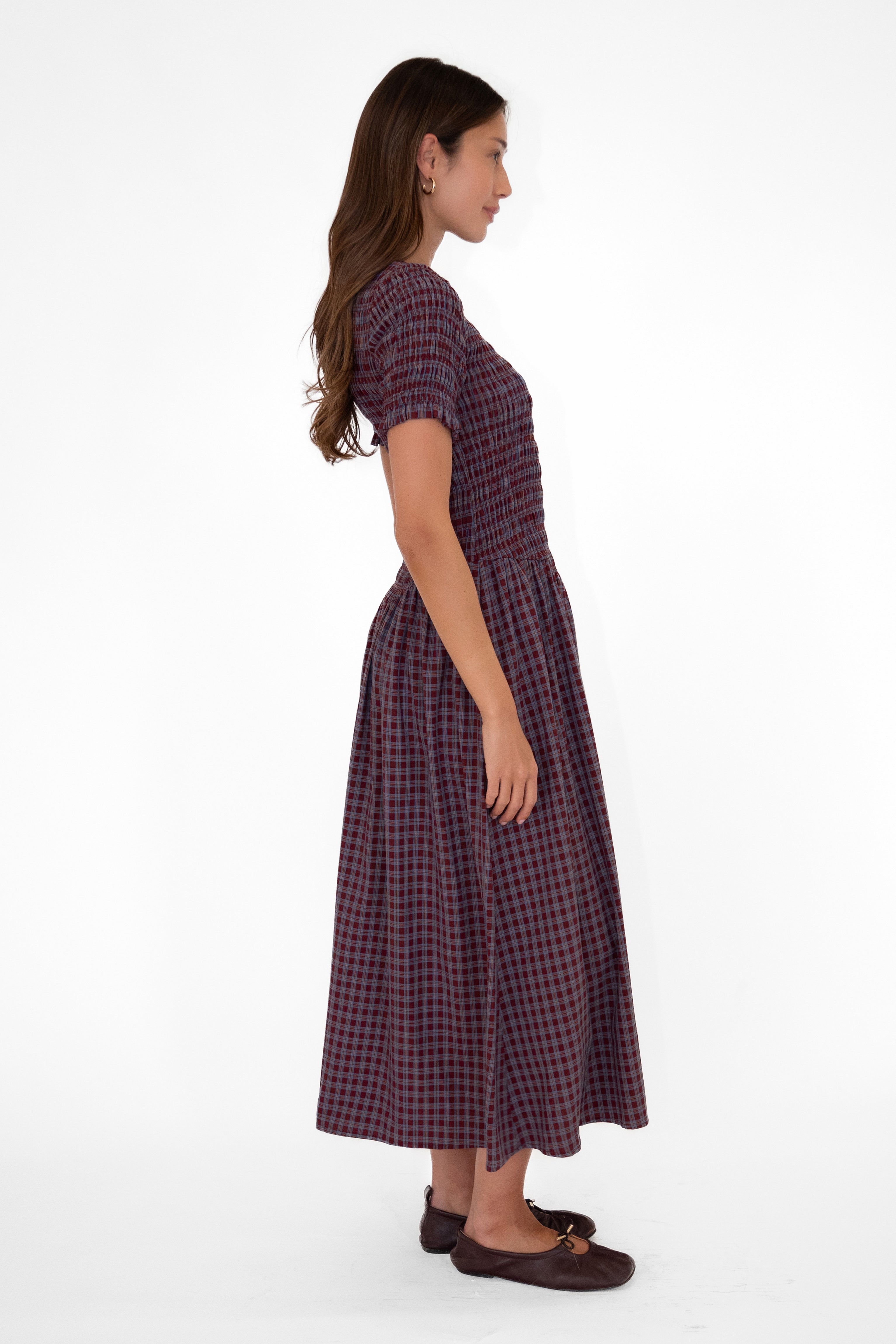 Beatrix Smocked Grape Plaid Midi Dress