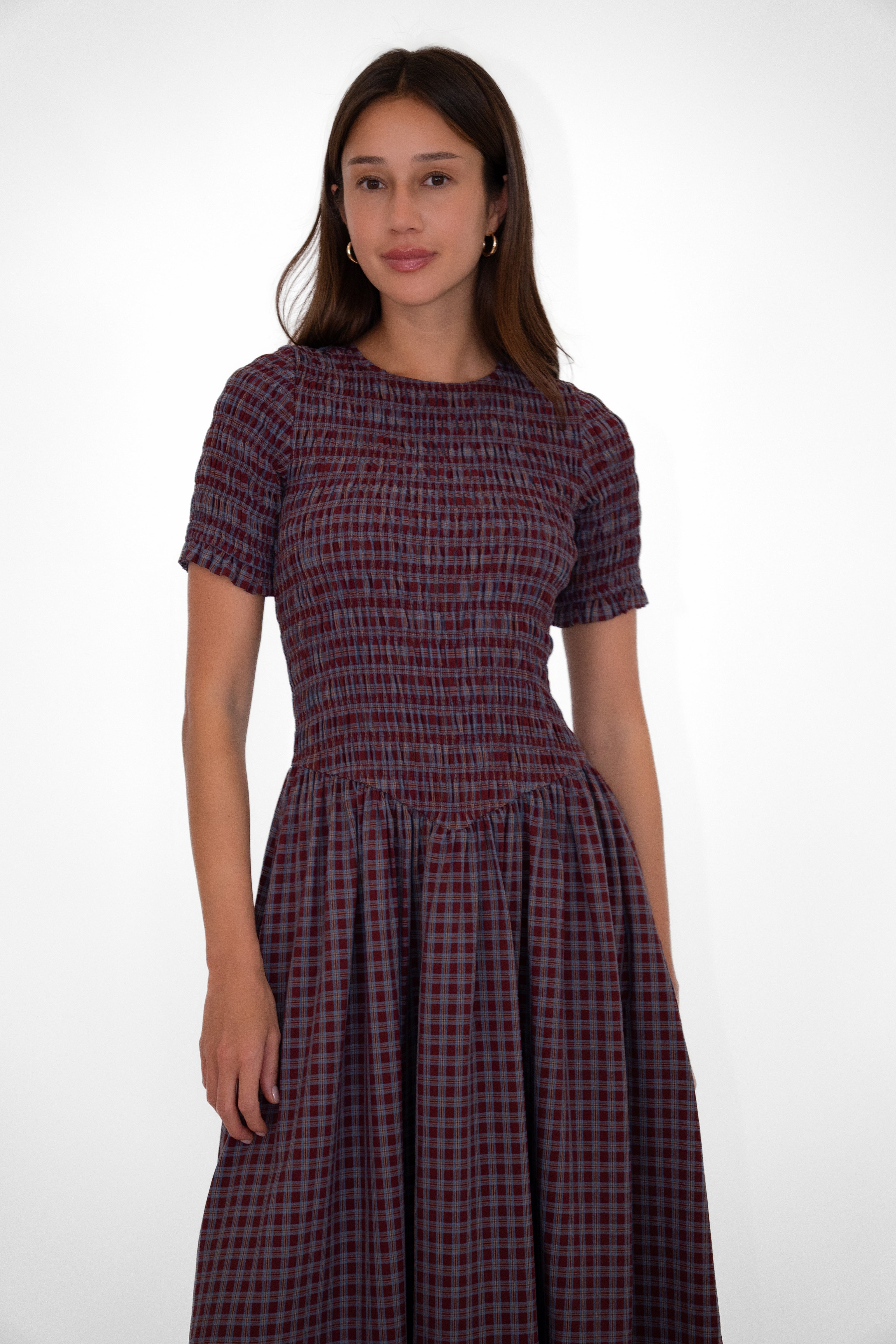 Beatrix Smocked Grape Plaid Midi Dress