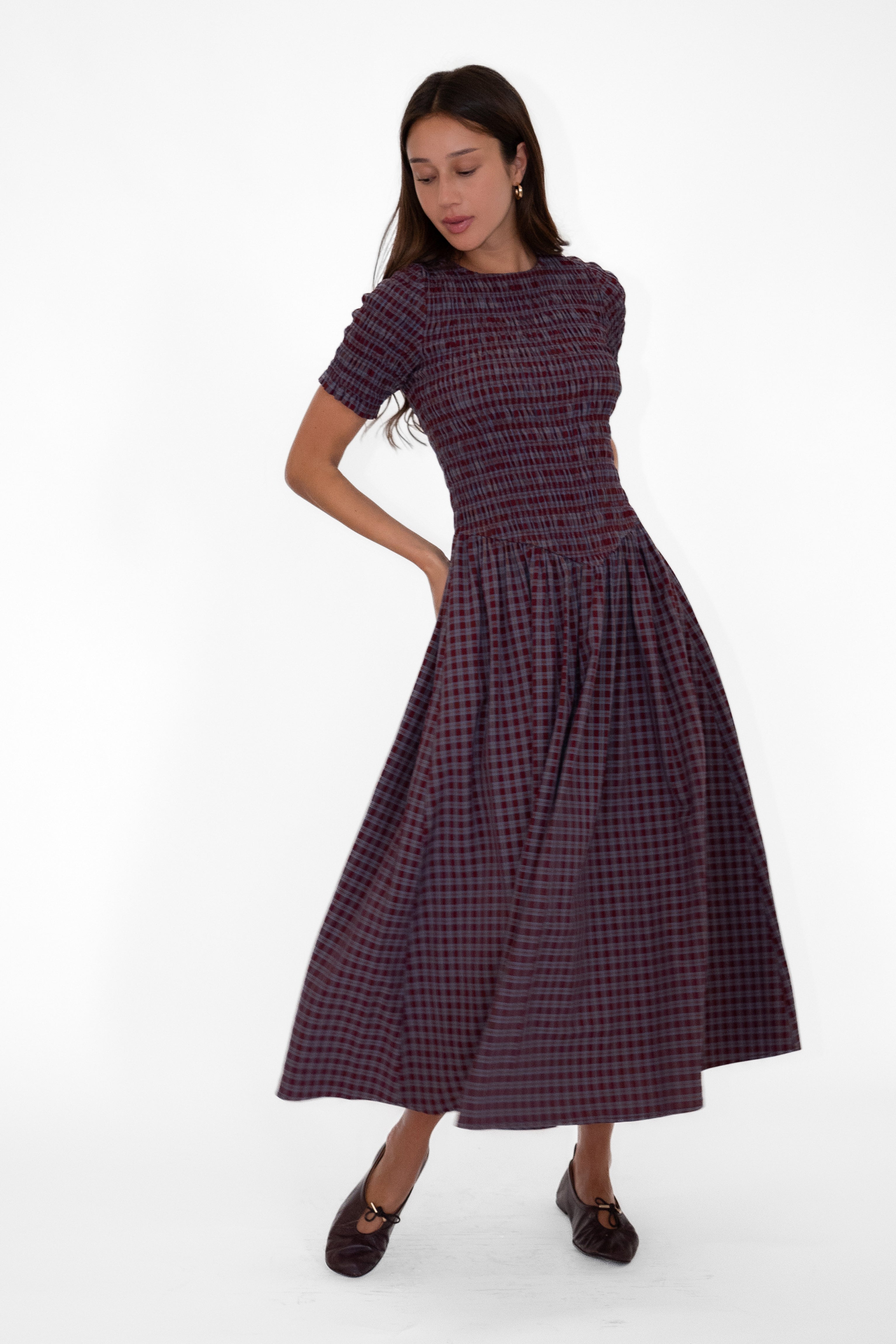 Beatrix Smocked Grape Plaid Midi Dress
