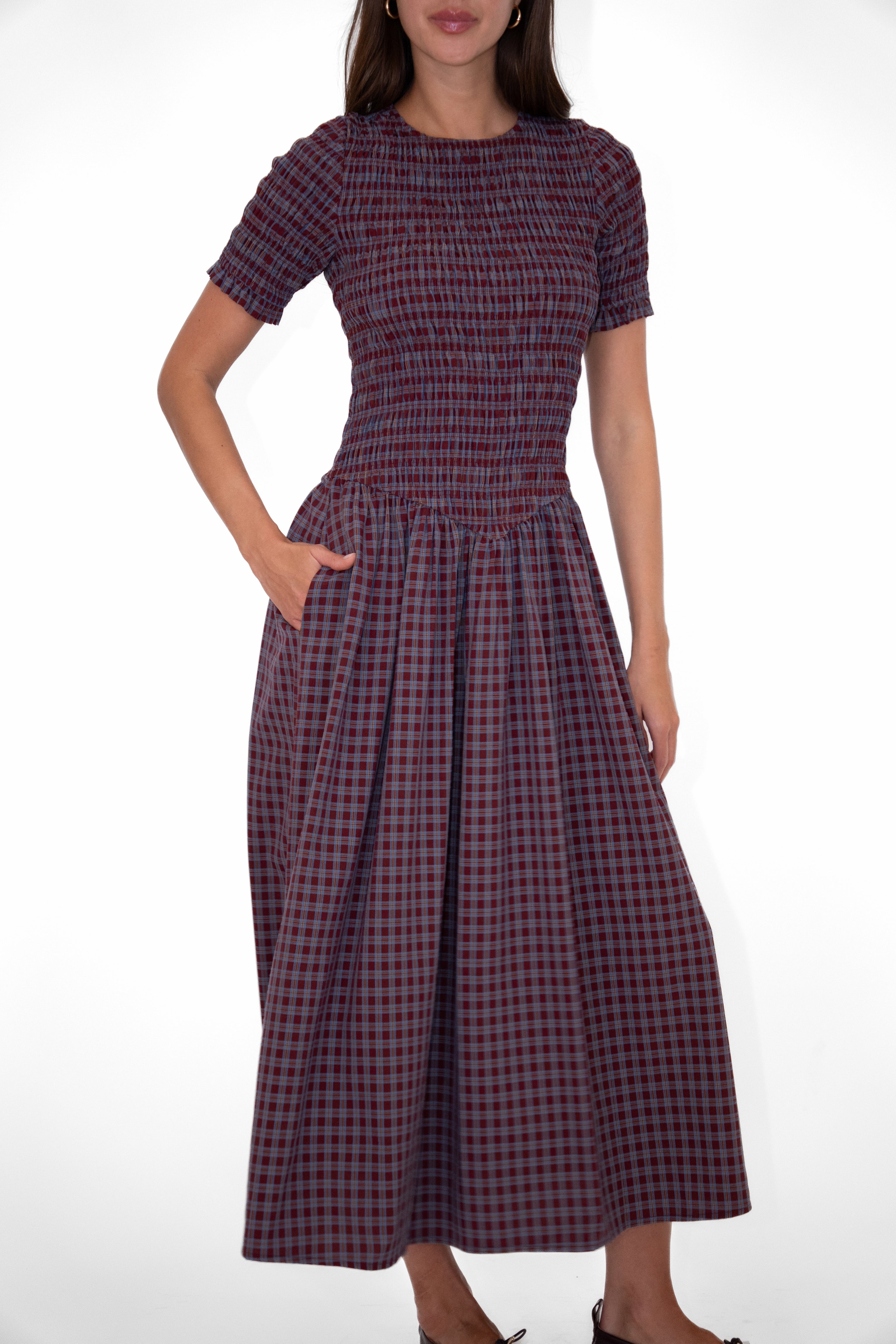 Beatrix Smocked Grape Plaid Midi Dress