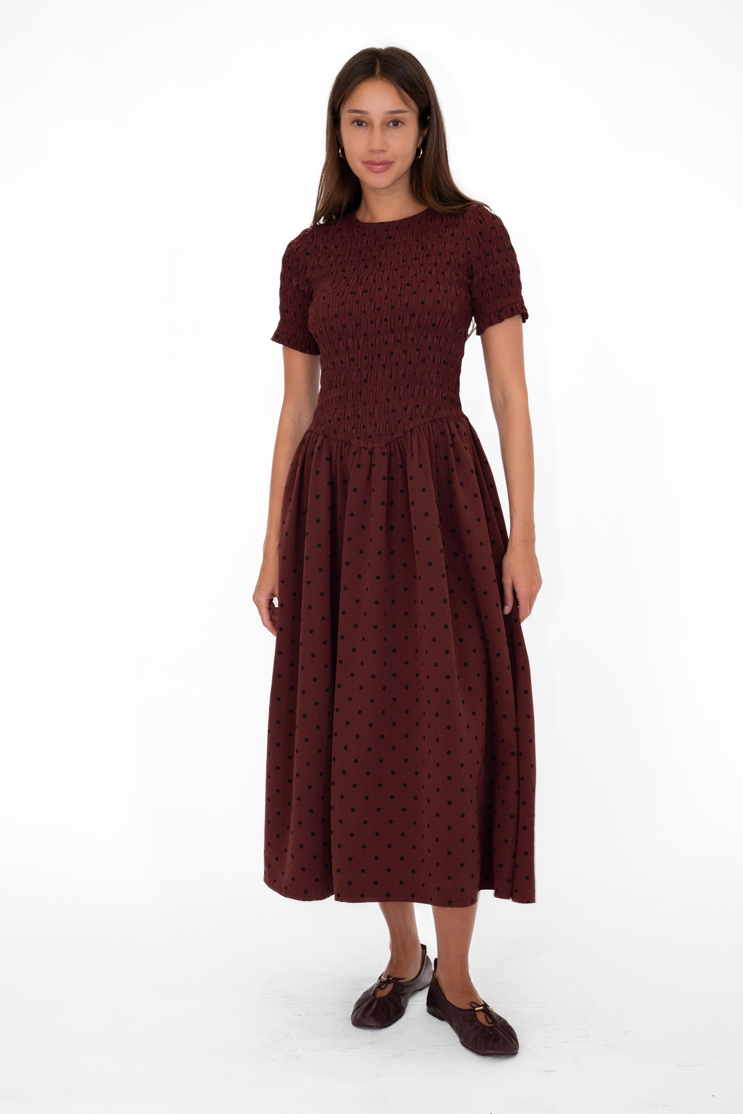 Beatrix Smocked Plum Polka Dot Midi Dress