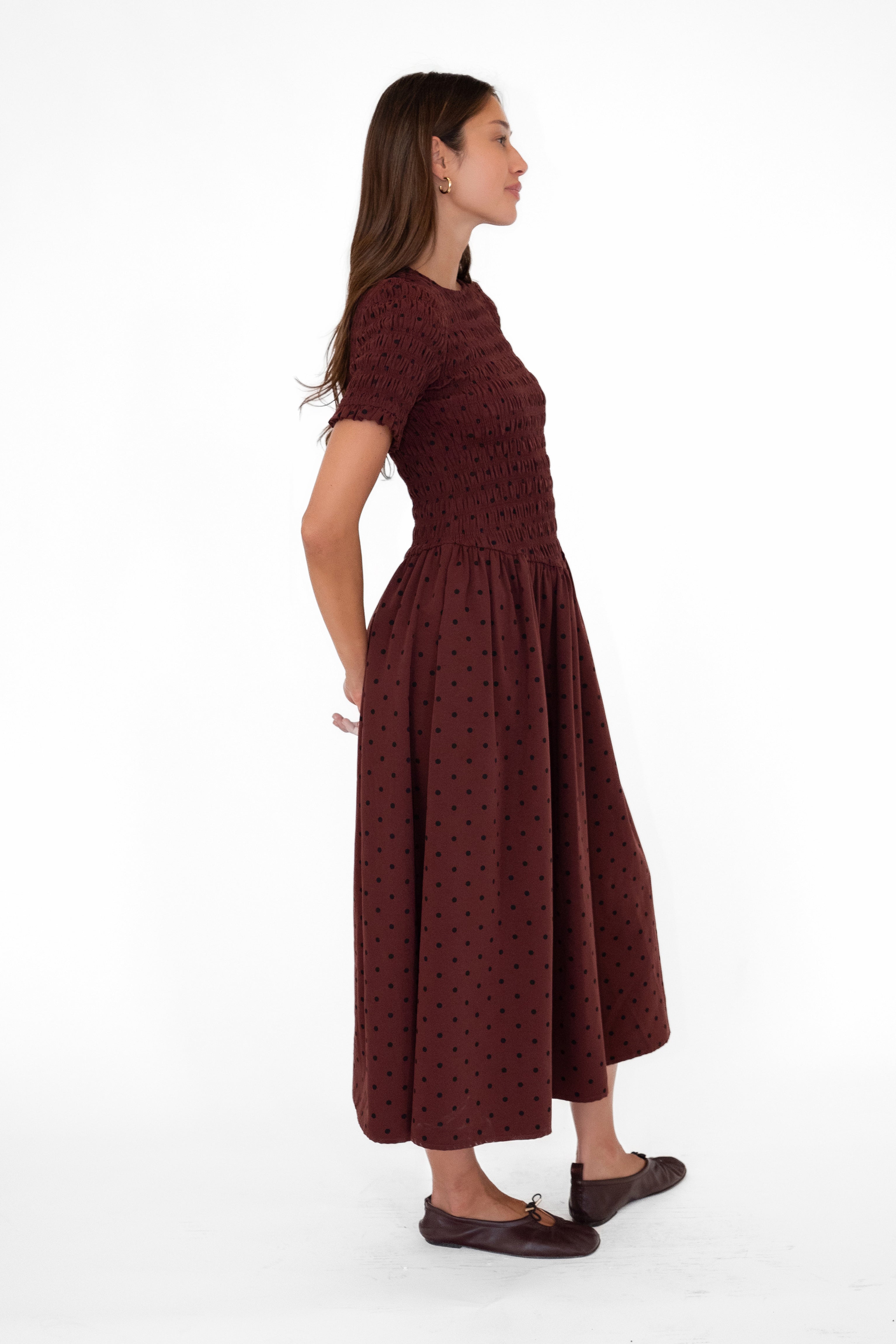 Beatrix Smocked Plum Polka Dot Midi Dress