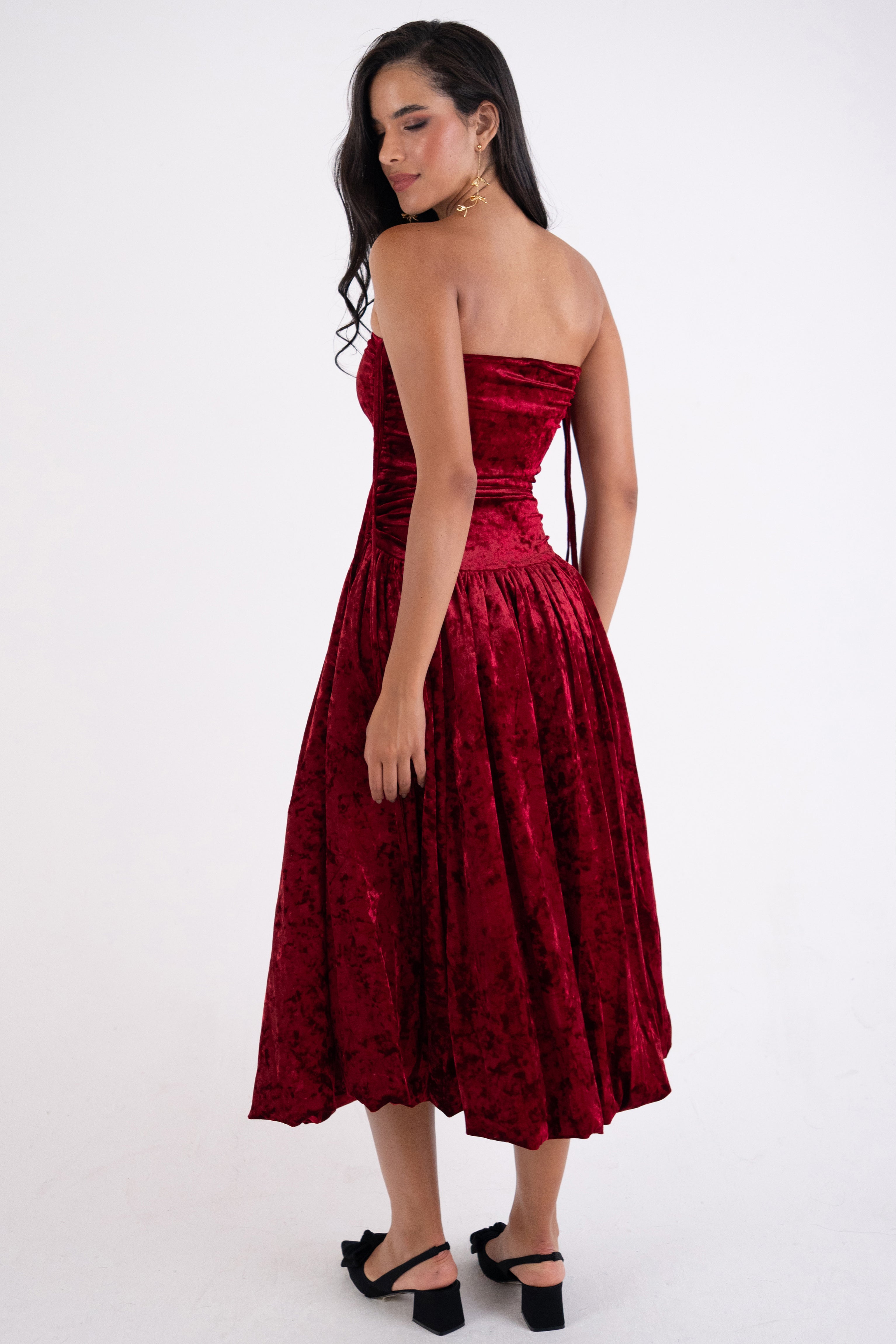Alexa Dark Red Velvet Puffball Dress
