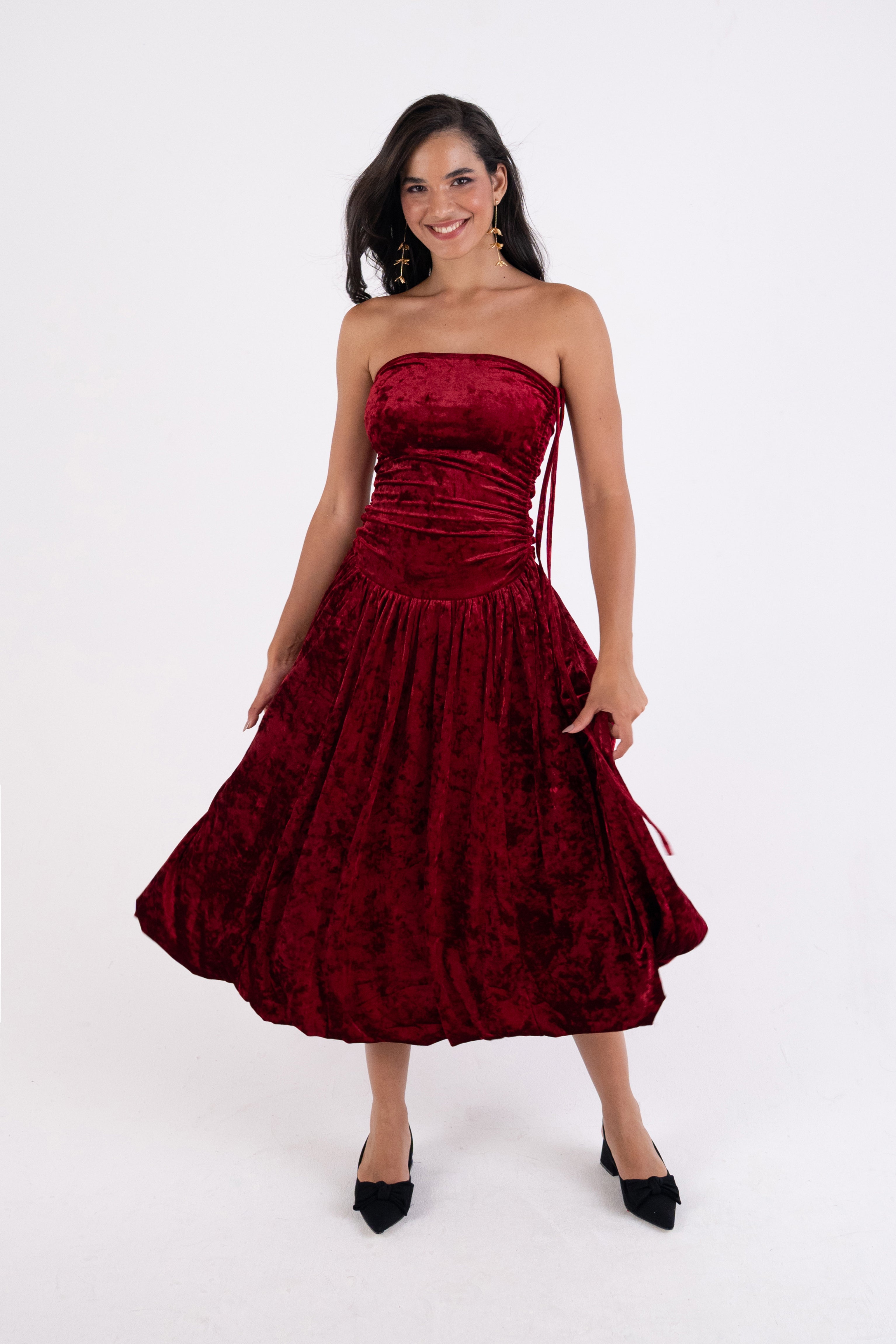 Alexa Dark Red Velvet Puffball Dress