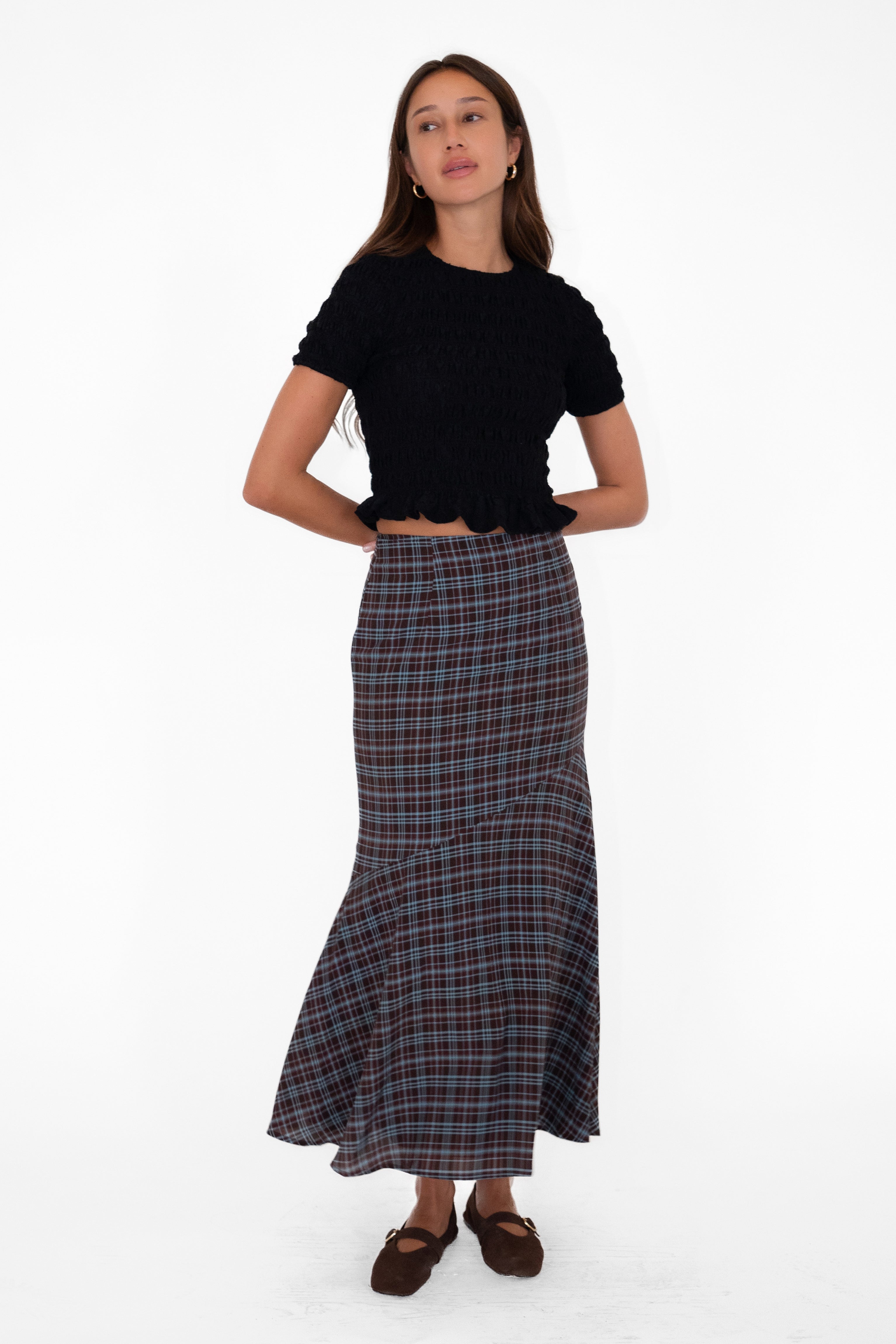 Alma Heritage Check Chiffon Asymmetric Maxi Skirt