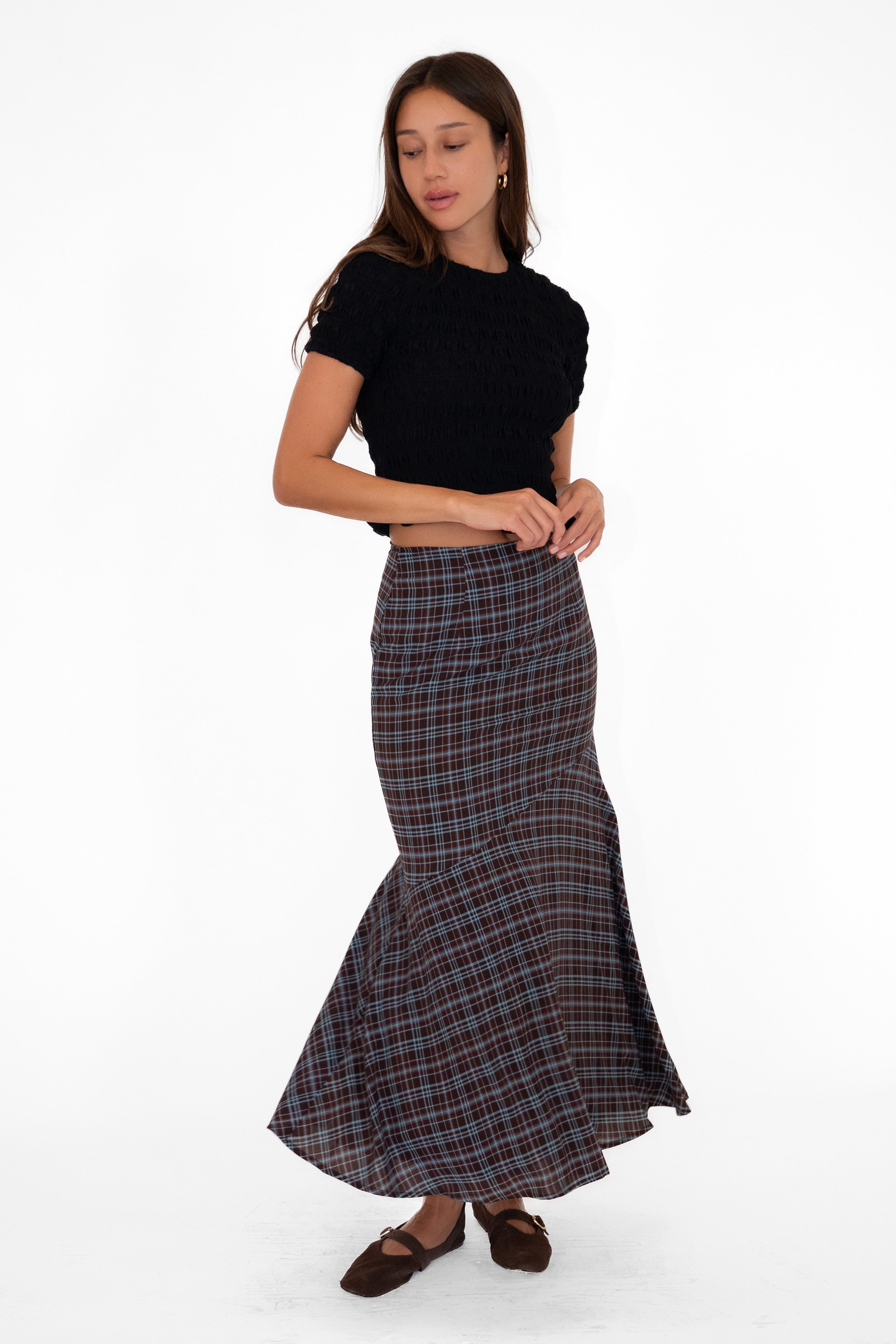 Alma Heritage Check Chiffon Asymmetric Maxi Skirt