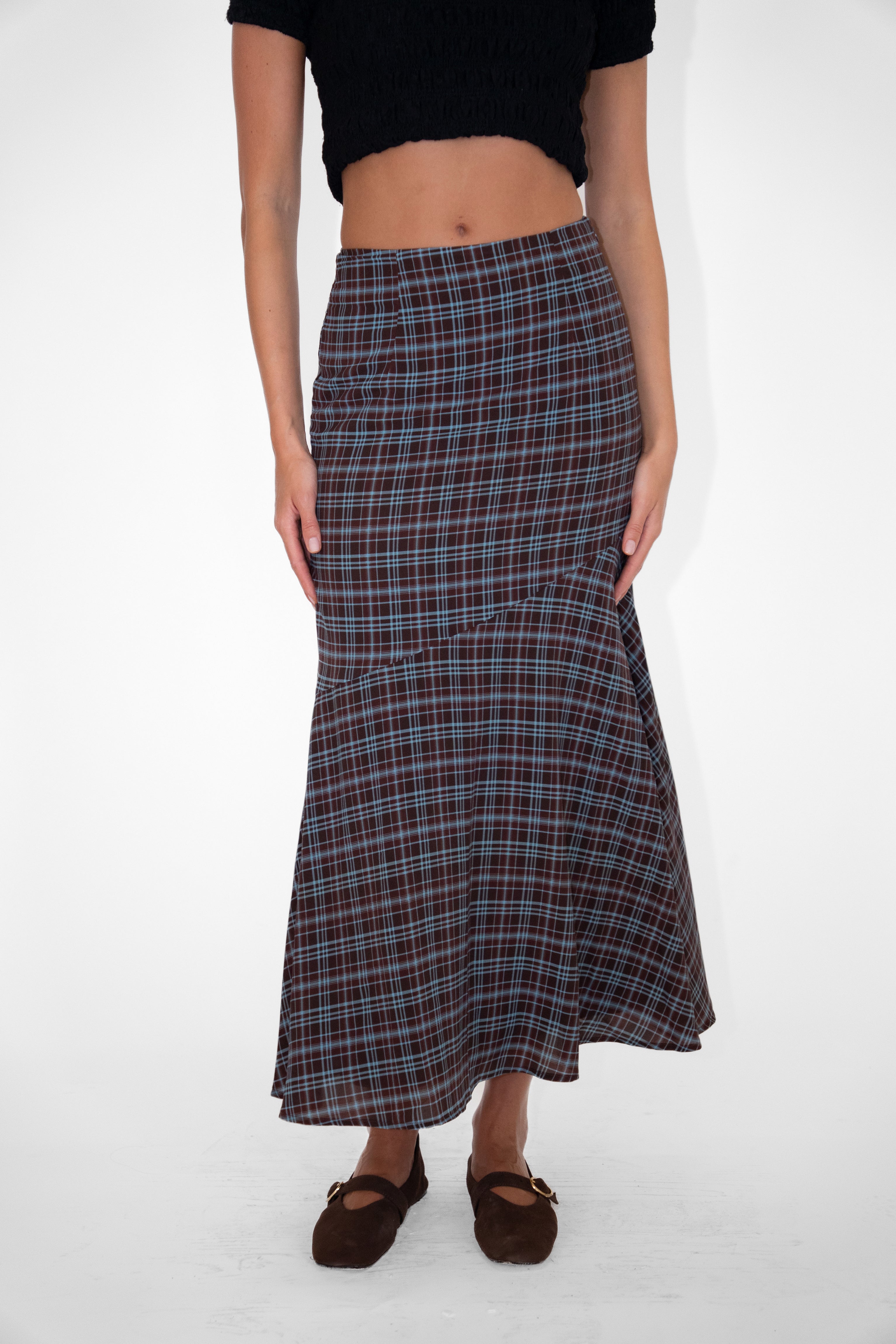 Alma Heritage Check Chiffon Asymmetric Maxi Skirt