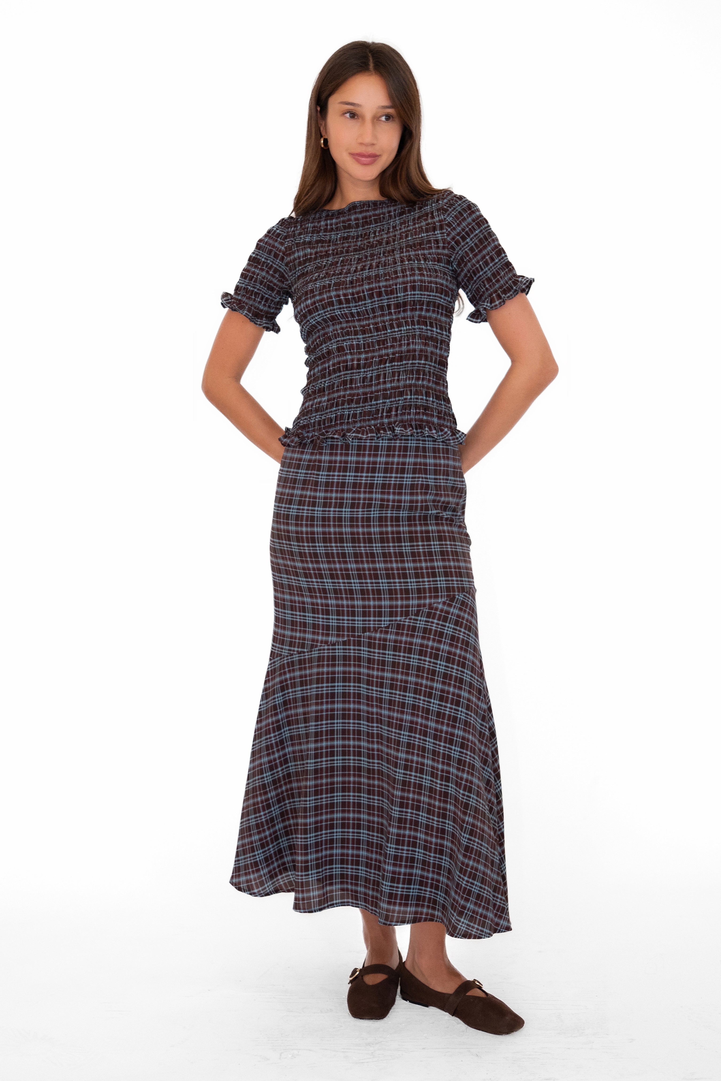 Alma Heritage Check Chiffon Asymmetric Maxi Skirt