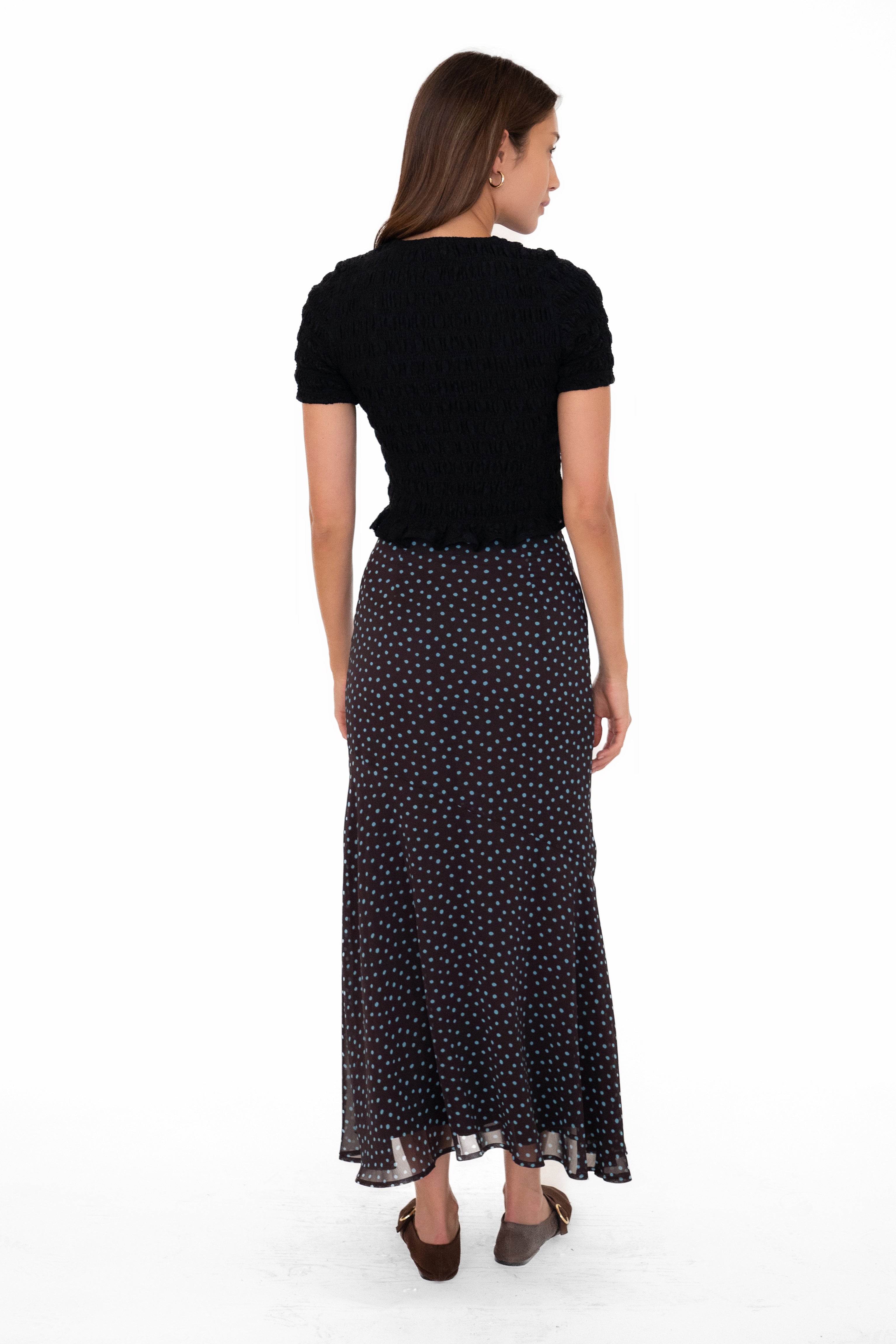 Alma Polka Dot Chiffon Asymmetric Maxi Skirt