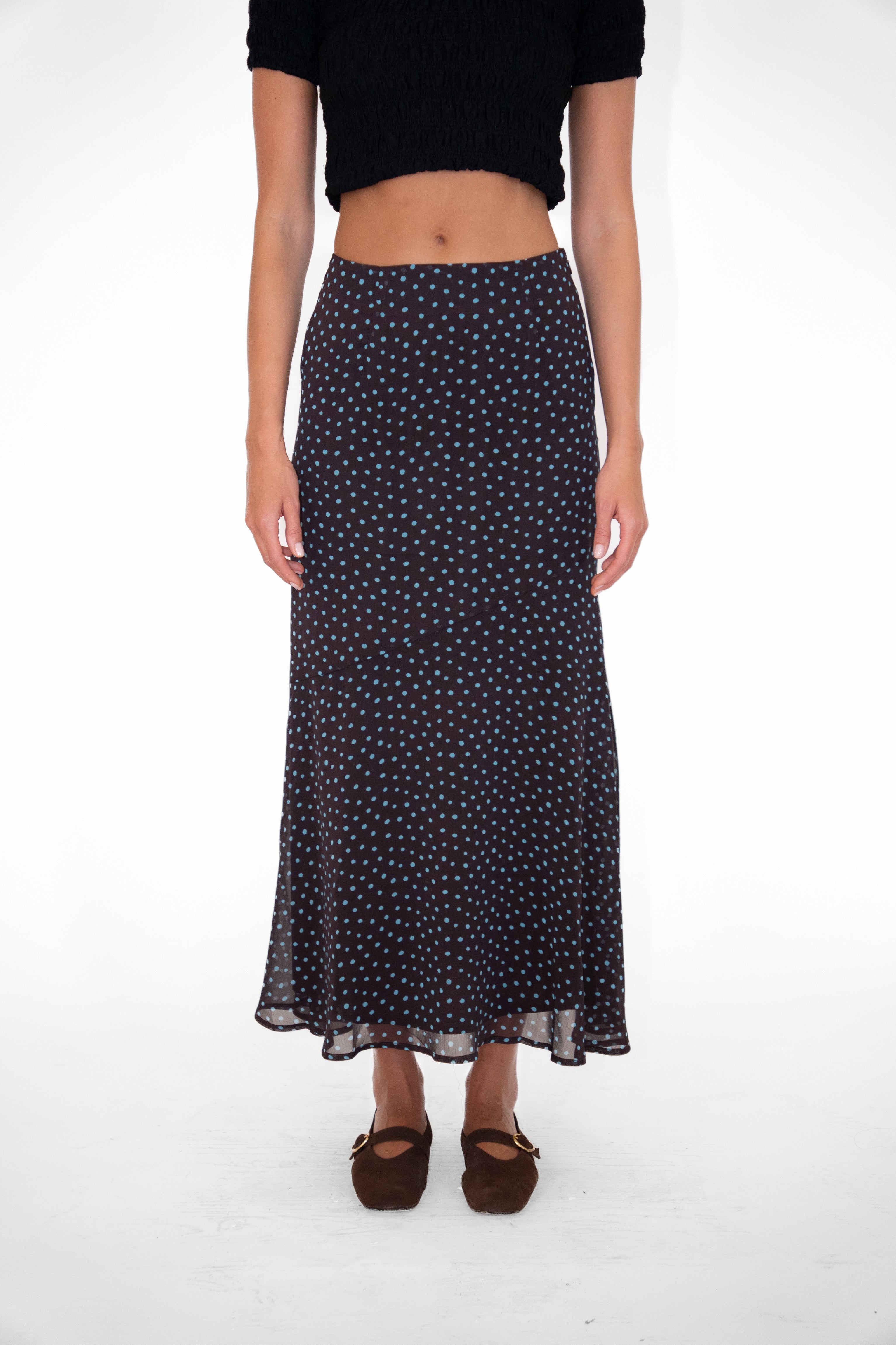 Alma Polka Dot Chiffon Asymmetric Maxi Skirt