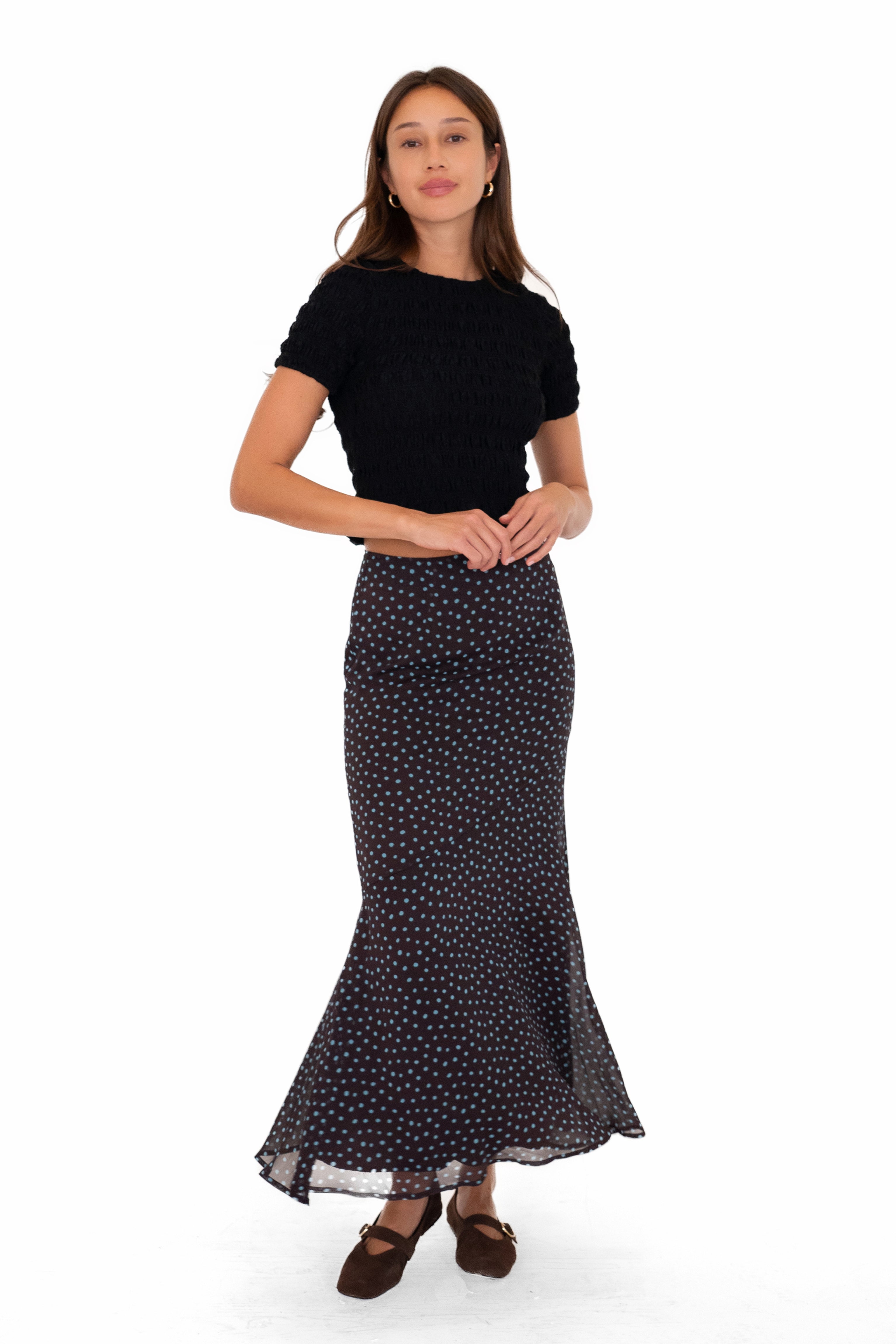 Alma Polka Dot Chiffon Asymmetric Maxi Skirt
