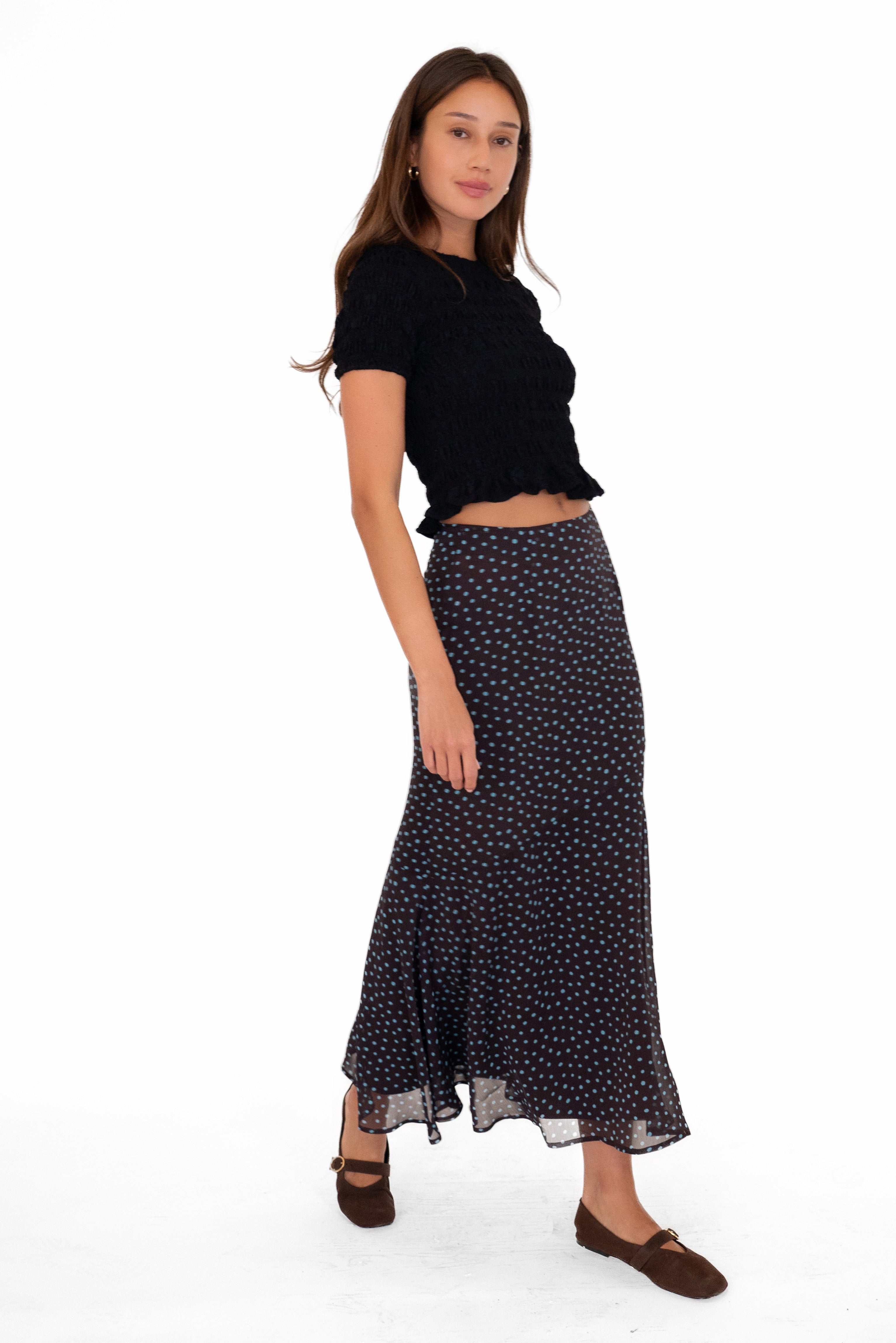 Alma Polka Dot Chiffon Asymmetric Maxi Skirt
