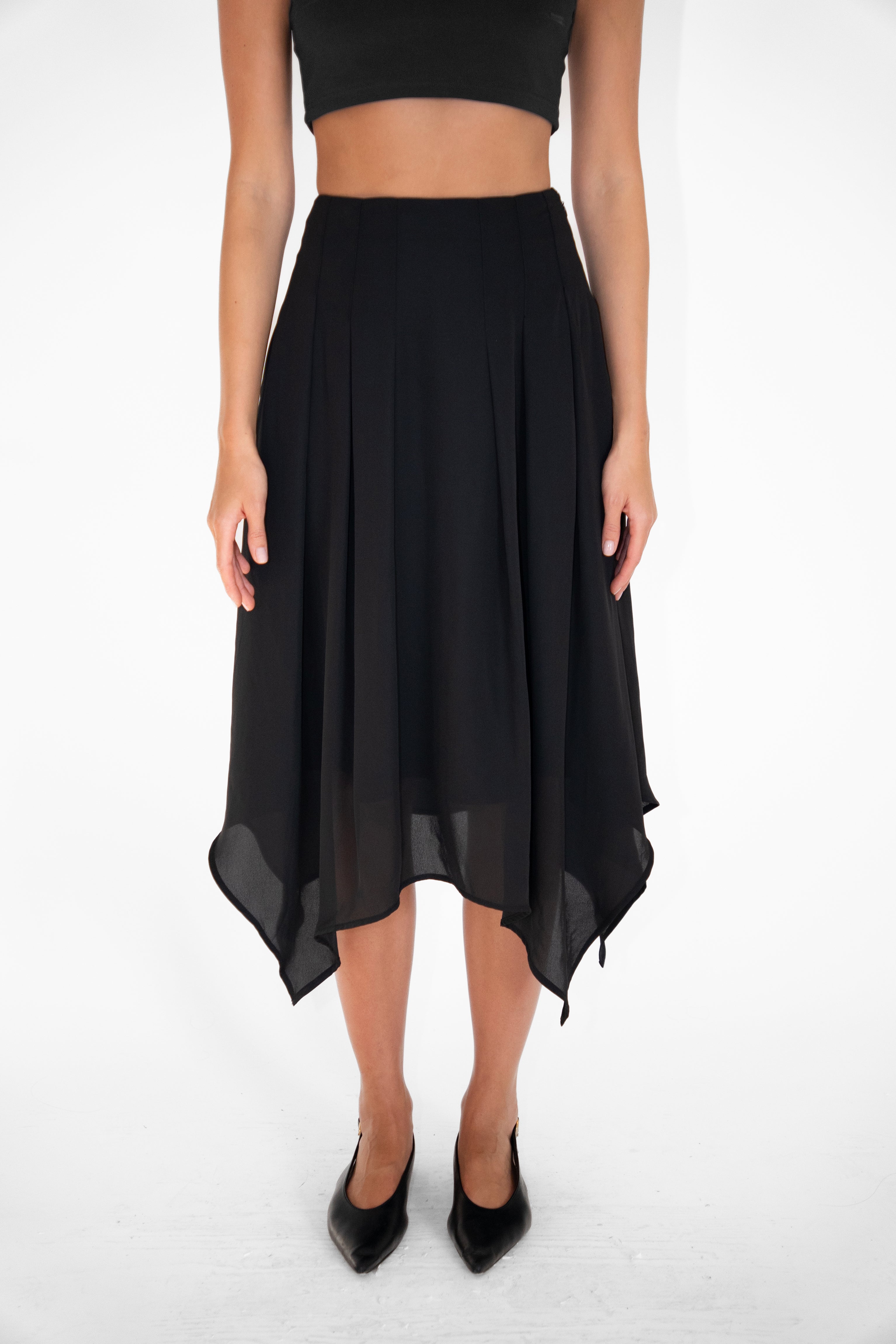 Tilda Black Asymmetric Chiffon Midi Skirt