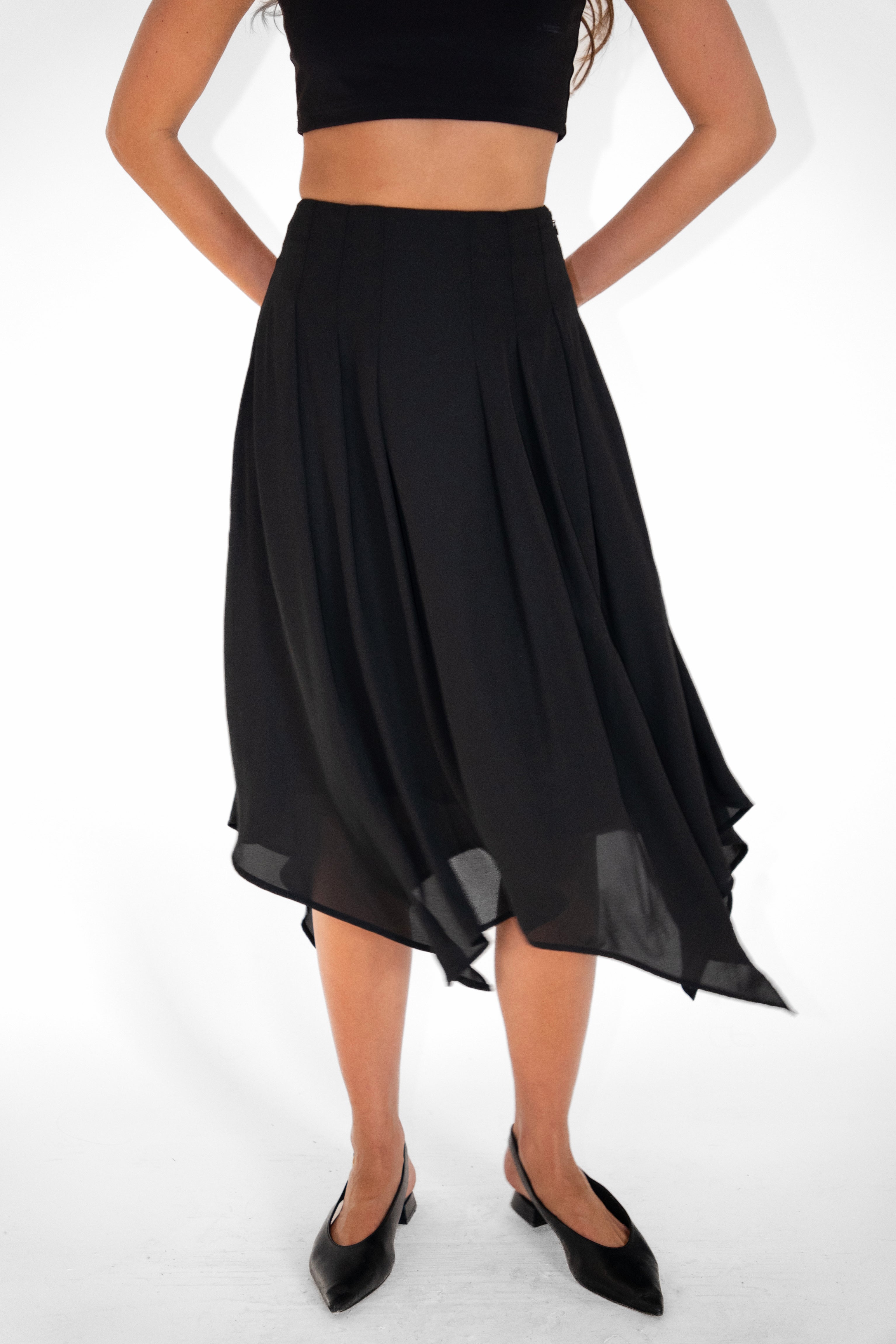Tilda Black Asymmetric Chiffon Midi Skirt