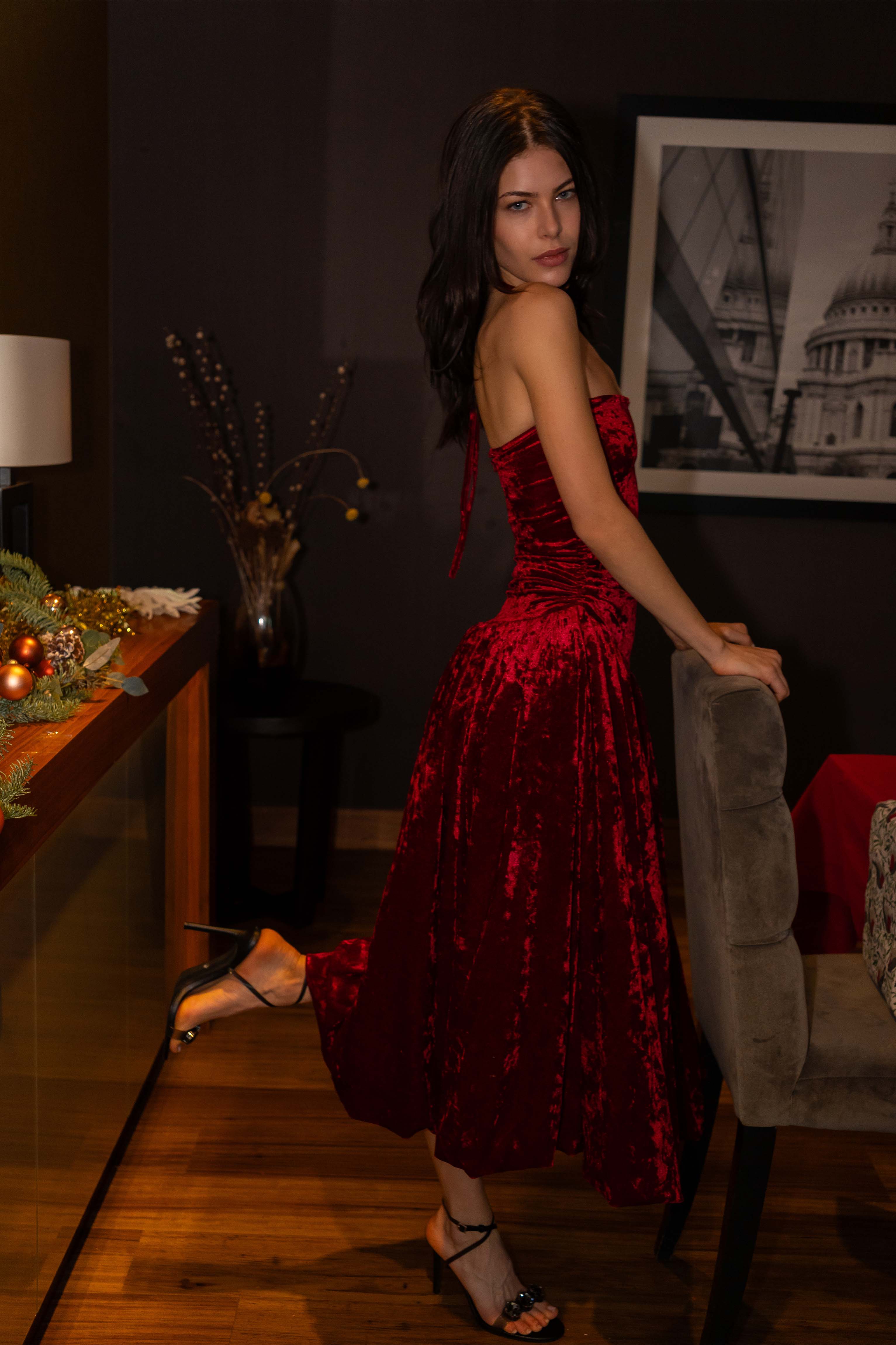 Alexa Dark Red Velvet Puffball Dress