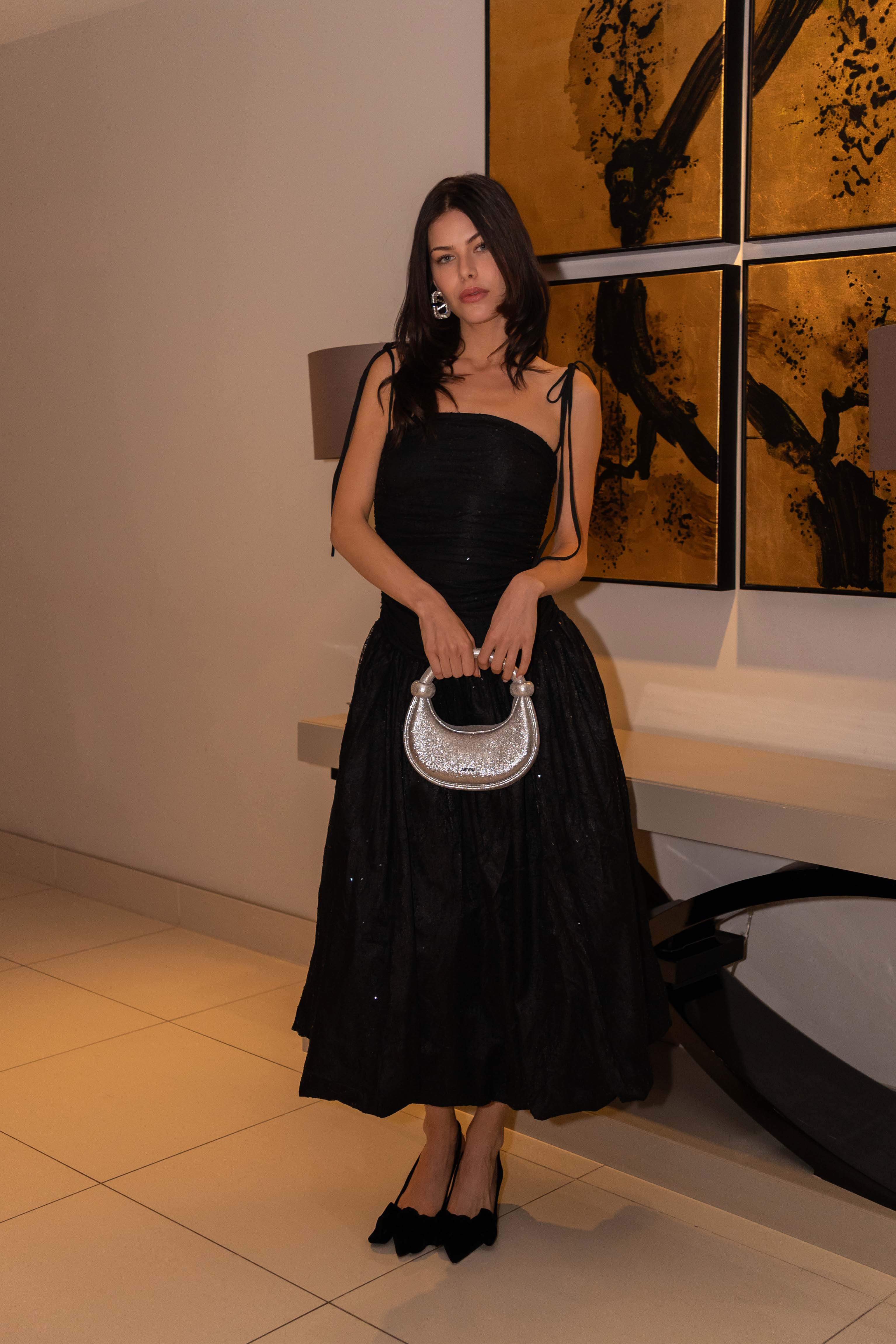 Alexa Black Lace Sequin Puffball Dress