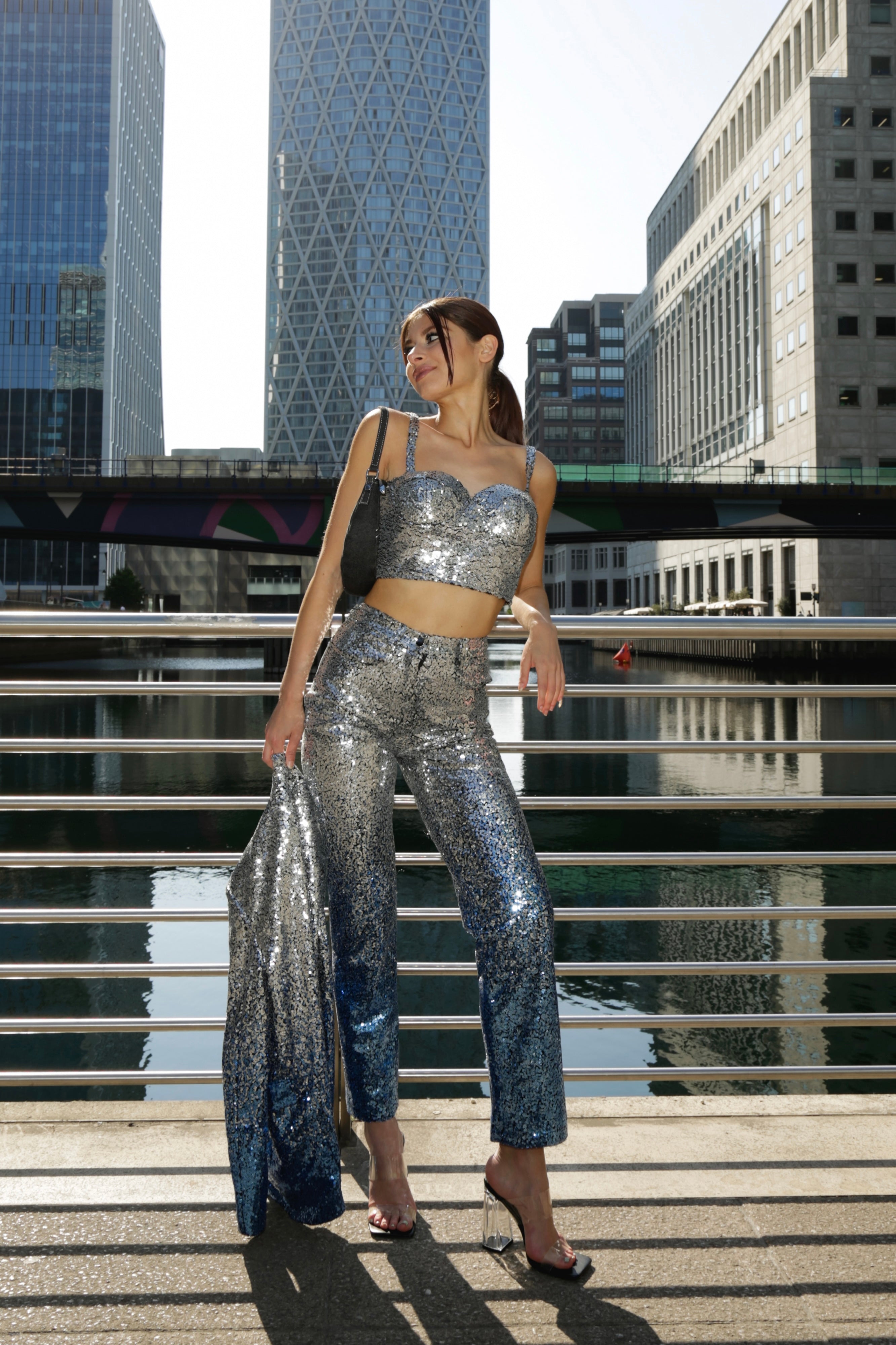 Dua Ombre High Waisted Party Sparkly Sequin Wide Leg Trousers