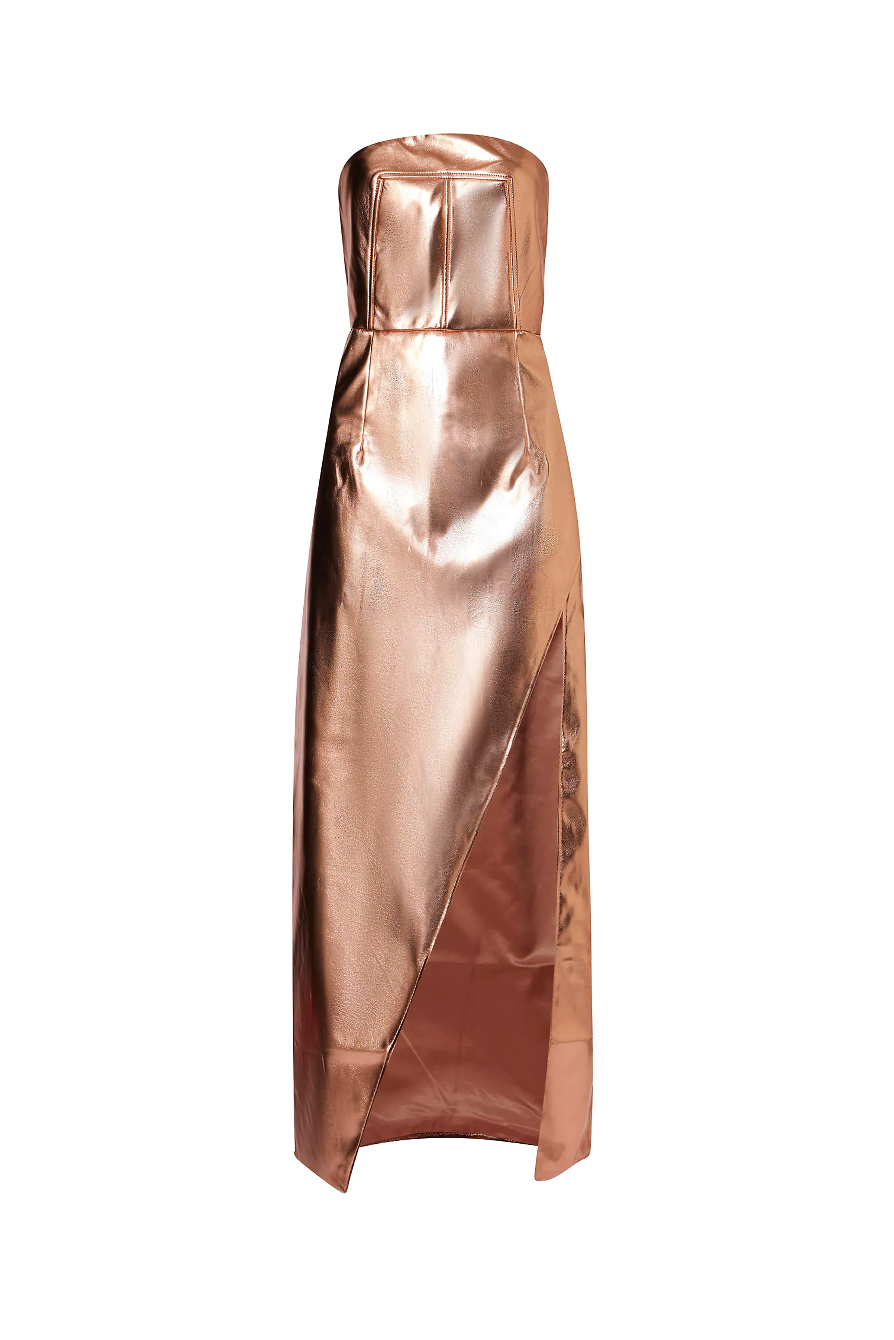 Gizelle Rose Gold Vegan Leather Metallic Strapless Maxi Dress | AmyLynn