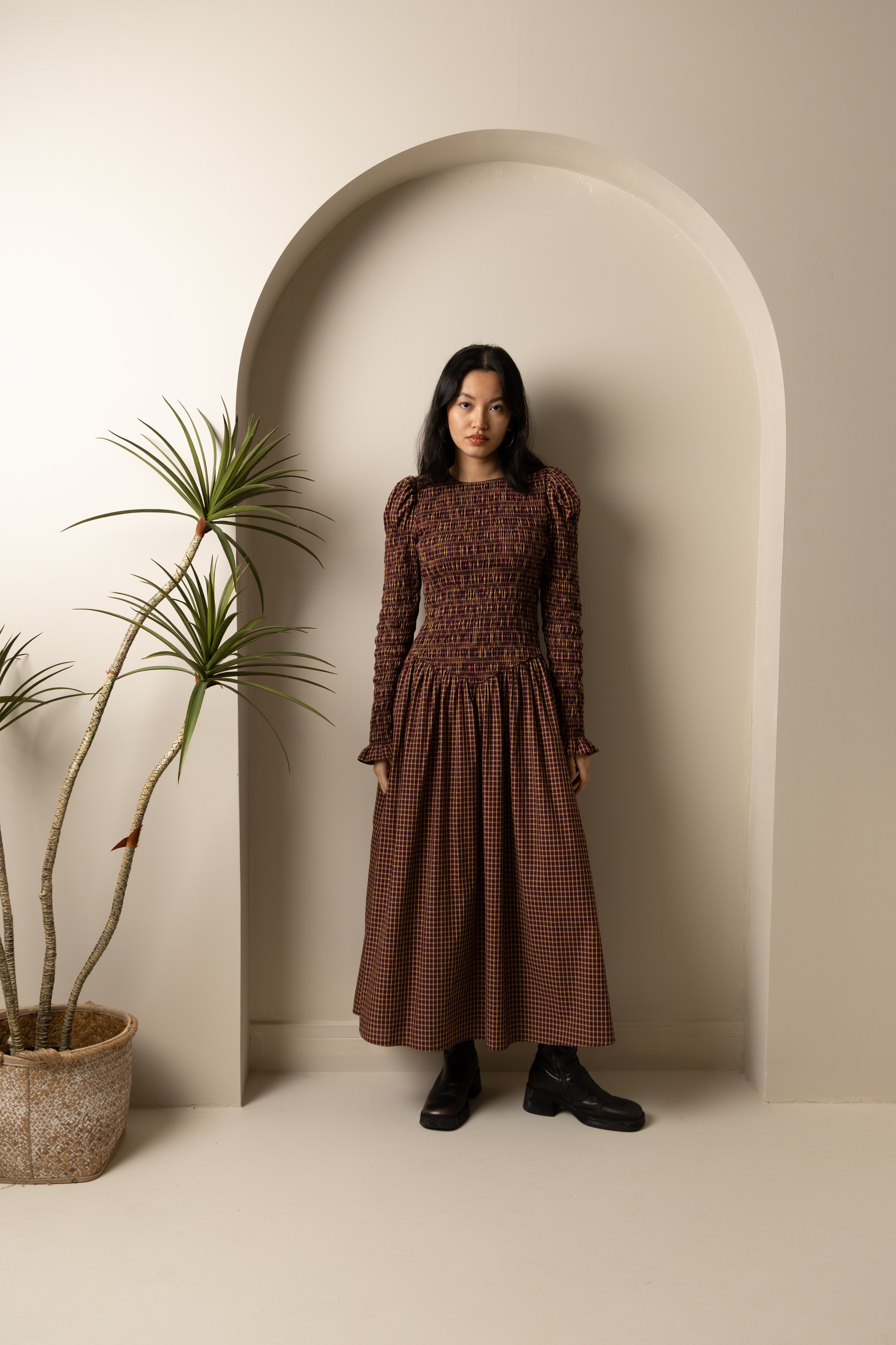 Cara Smocked Cotton Midiaxi Dress in Multi Gingham Check