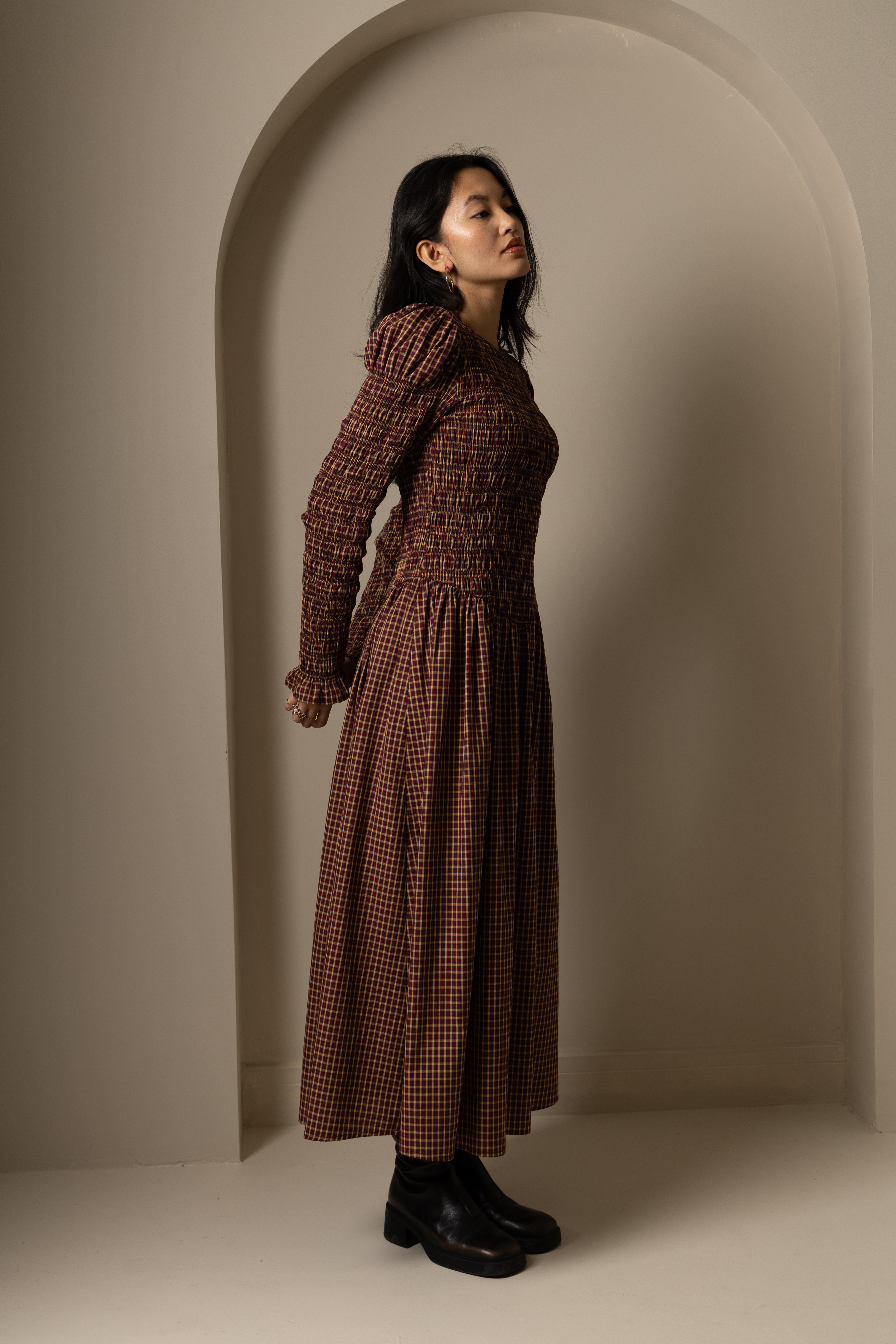 Cara Smocked Cotton Midiaxi Dress in Multi Gingham Check