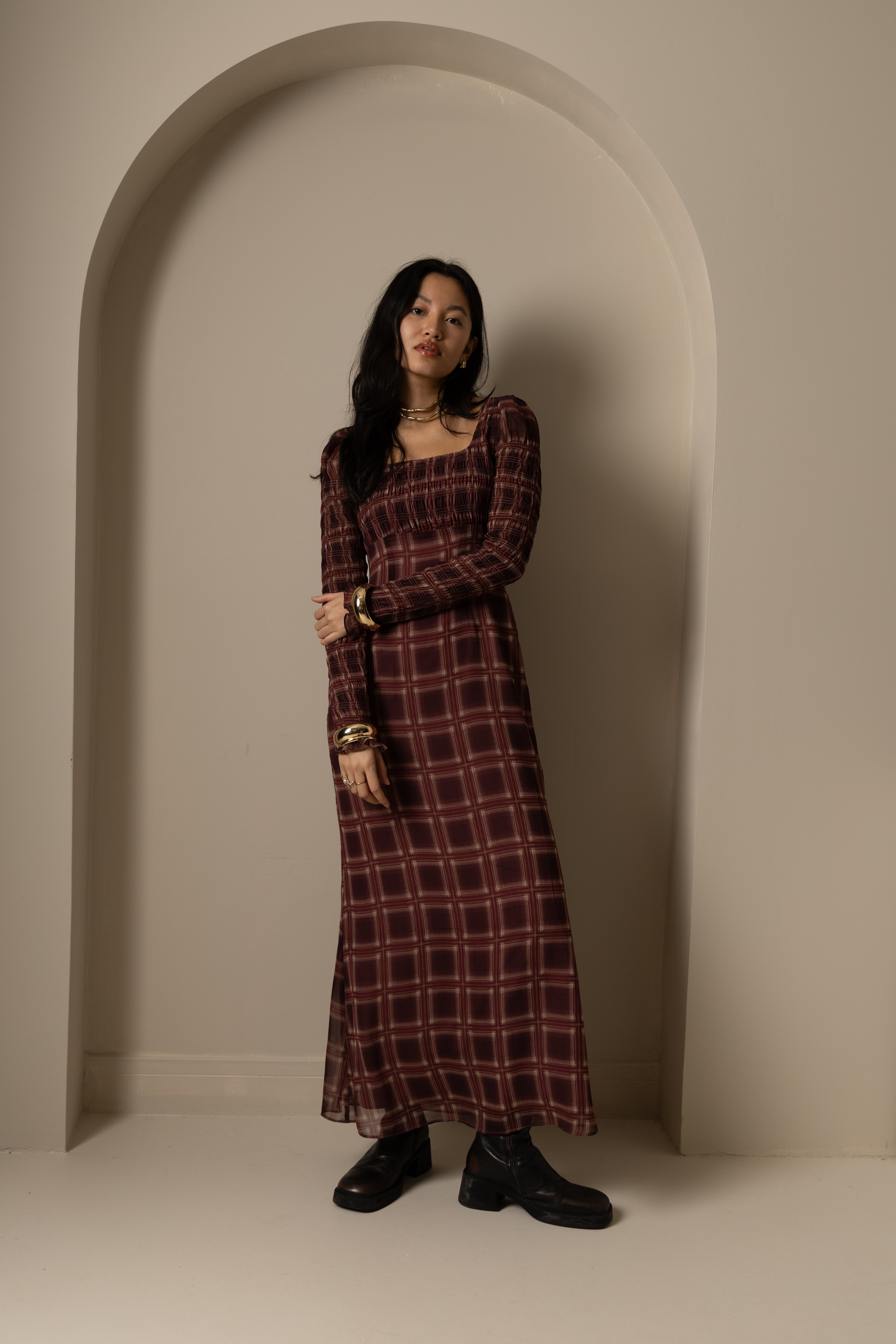 Noor Smocked Checkered Long Sleeve Column Dress