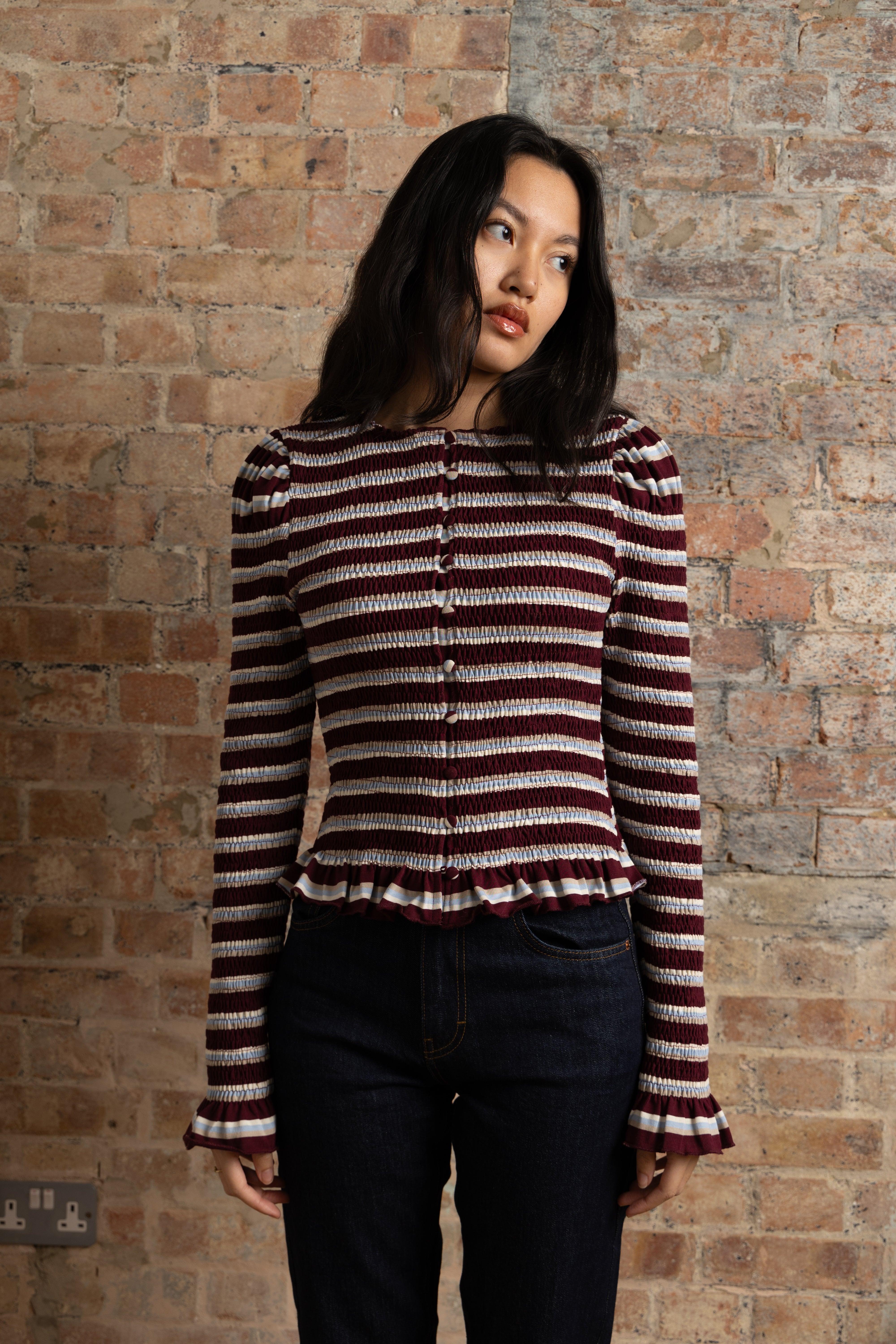 Agyness Smocked Viscose Cotton Jersey Knitted Stripe Cardigan